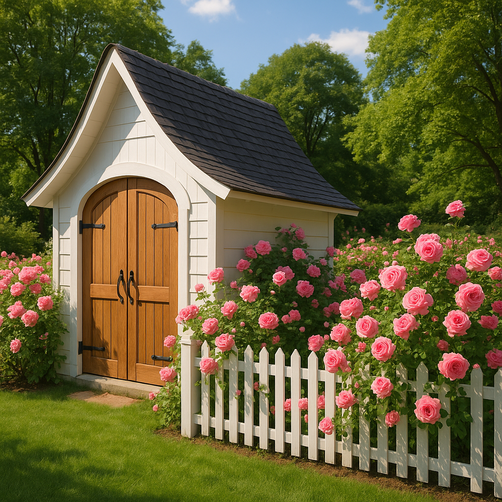 Gartenhaus im Landhausstil aus weißem Kunstharz und Naturholz, 230 × 180 × 250 cm