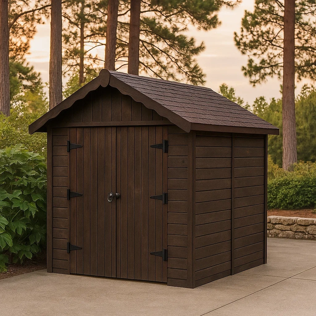 Gartenhaus aus Kunstharz, mit Pultdach und Doppeltüren, Holzfarbe, Maße 200 x 250 x 220 cm, für den Außenbereich - W5FInyuzWTS6