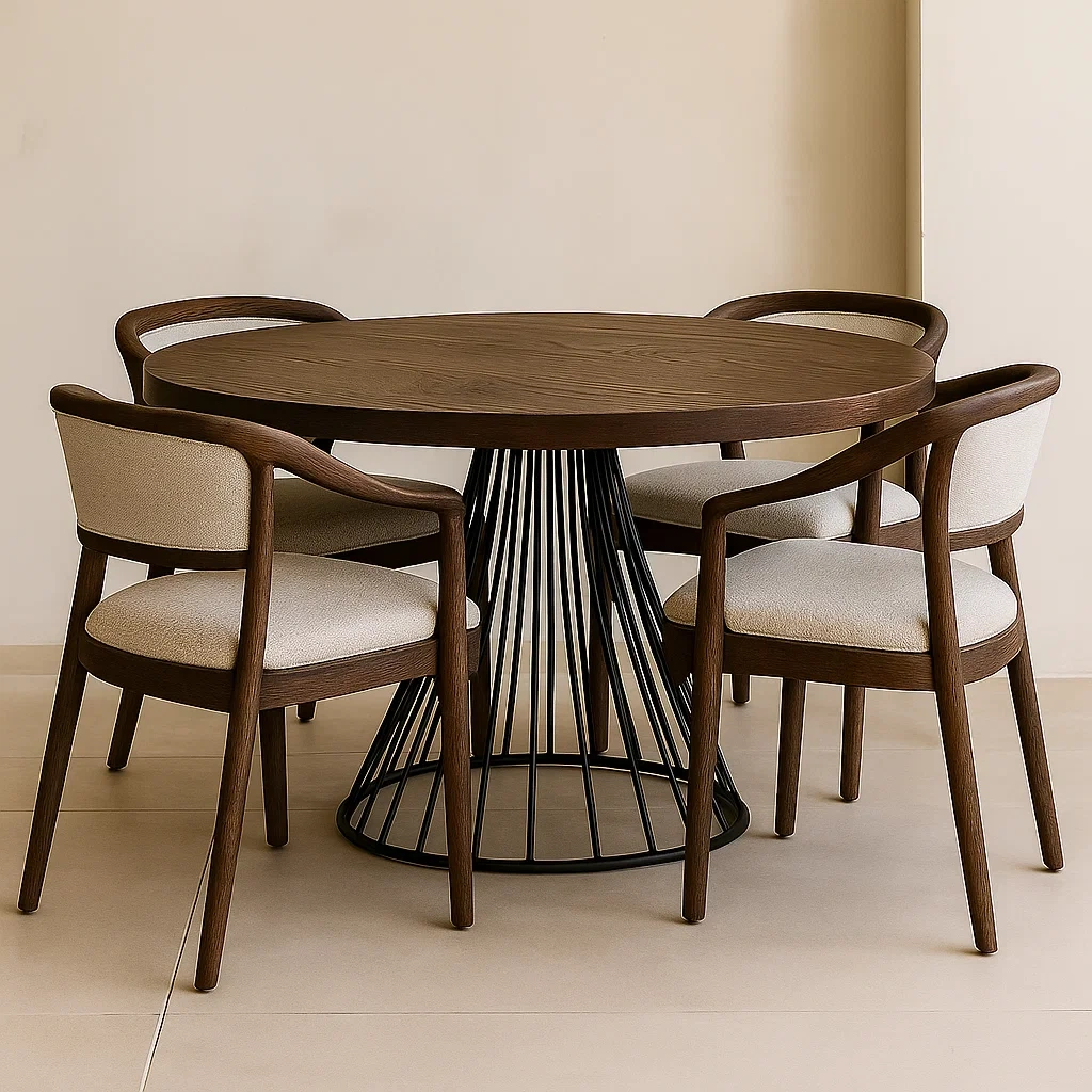 Essgruppe, 4-teilig, Holz und Metall, braun und beige, rund, mit gepolsterten Stühlen, Durchmesser 120 x 75 cm, Esszimmer - R4dmUIsdOpka