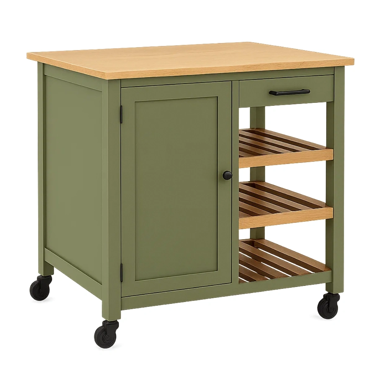 Kücheninsel, rechteckig, grüne MDF-Platte, mit heller Holzarbeitsplatte, Rollen, Schublade, offenen Regalen und Schrank, 90 x 45 x 89 cm, für den Hausgebrauch - X88KKKYXm8II