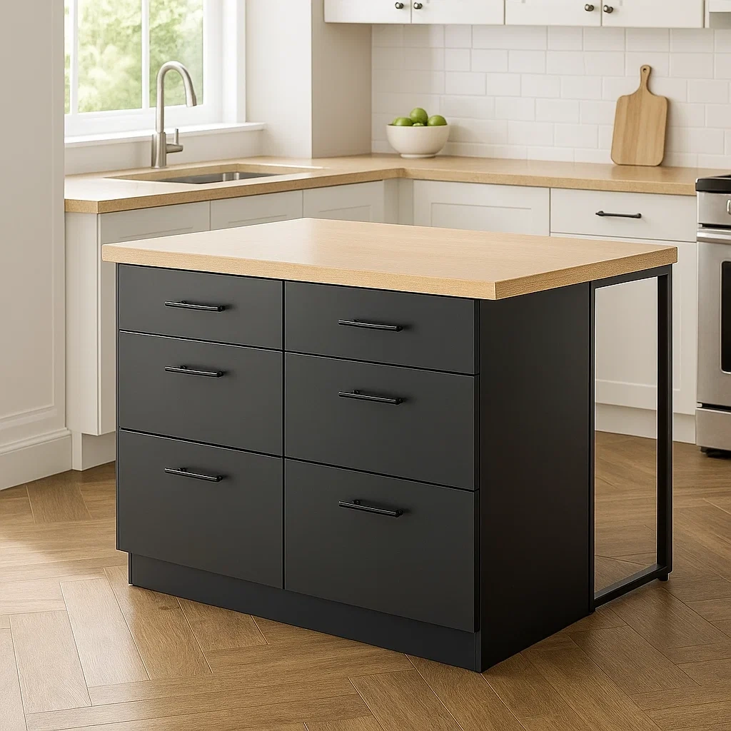 Kücheninselwagen mit 6 Schubladen, Naturholz und Schwarz, freistehend, 100 x 60 x 85 cm - K47hsrLNNkiz