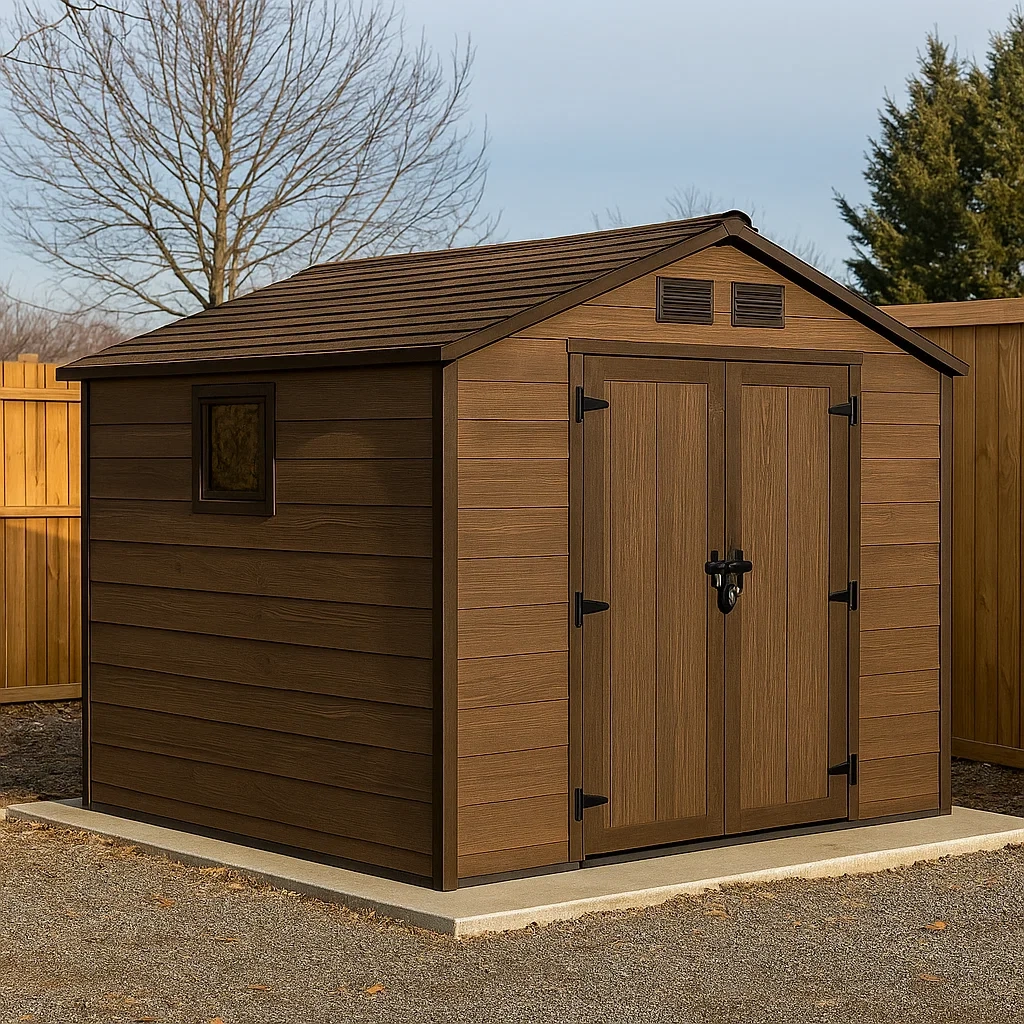 Rechteckiges Gartenhaus aus braunem Kunstharz mit Satteldach, freistehend, 220 x 200 x 230 cm, zur Aufbewahrung im Freien - Wv7lsz1IpAV5
