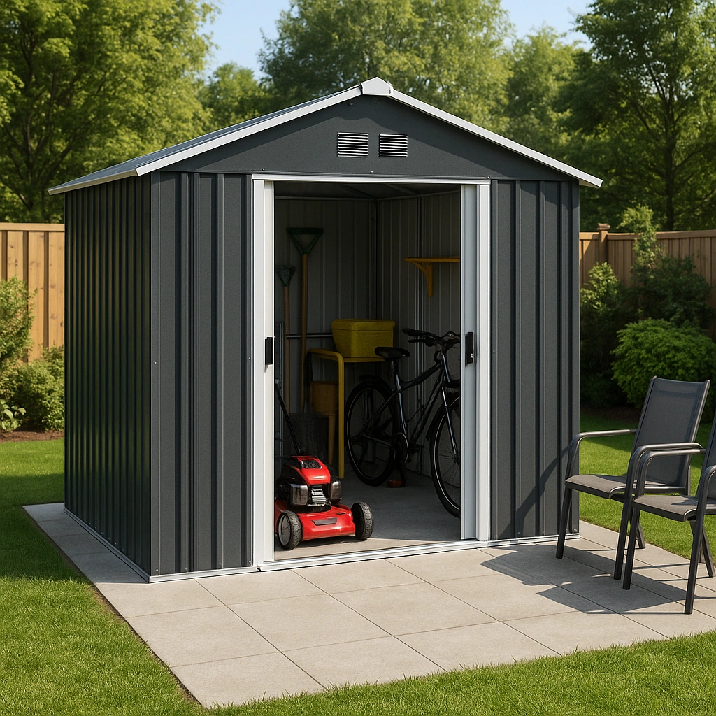 Grauer Gartenschuppen aus Stahl für Gartengeräte, 223 x 150 x 215 cm