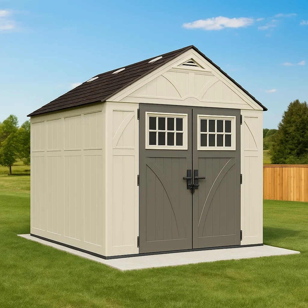 Gartenhaus, beige, mit Boden und Fenstern, Kunstharz, für den Außenbereich, 255 x 311 x 262 cm