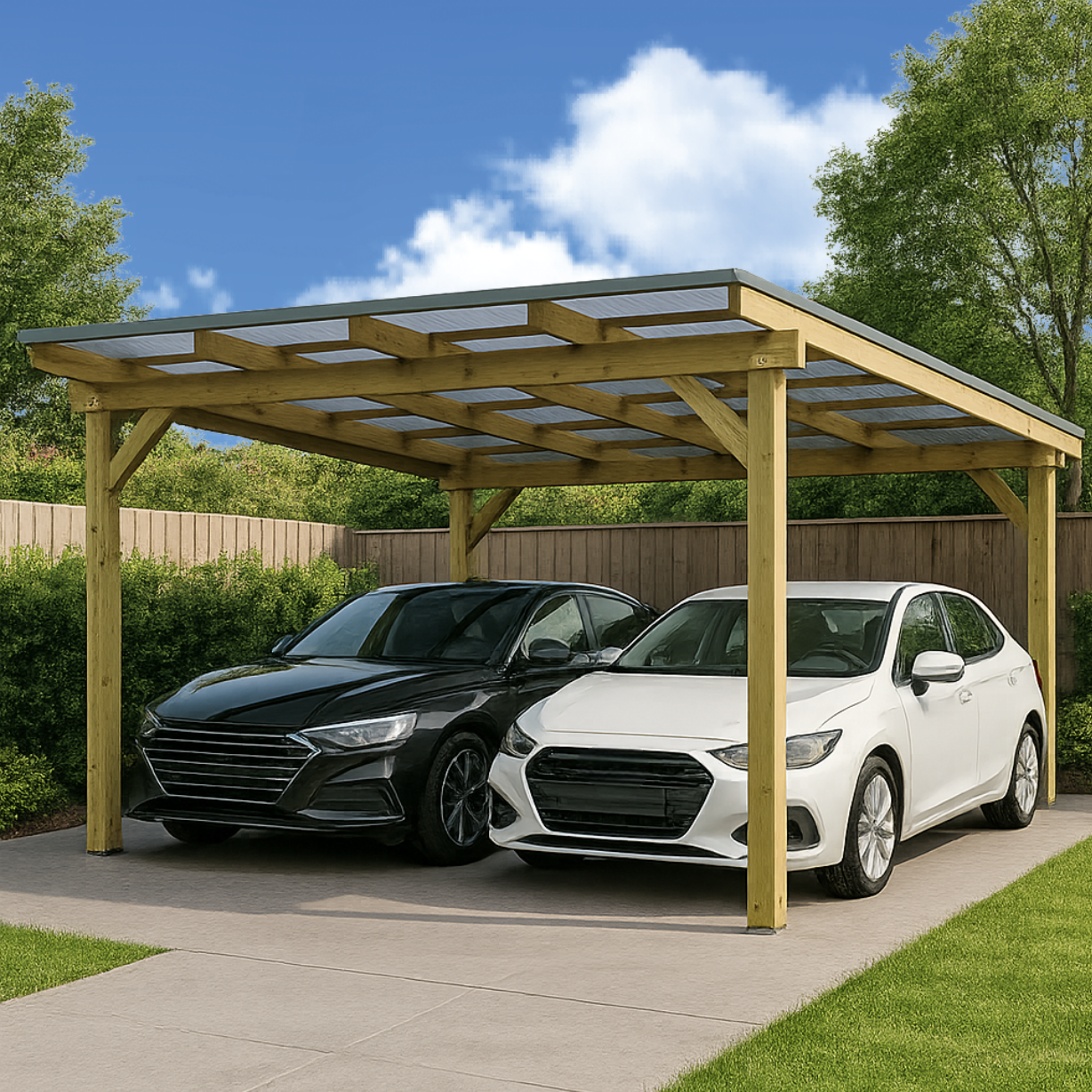 Doppelcarport, braunes Polycarbonat, Holzverkleidung, 512 x 604 x 274 cm