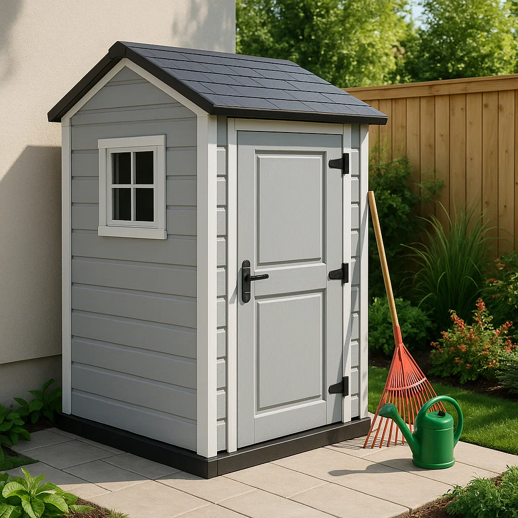 Kompaktes Gartenhaus aus hellgrauem Kunstharz für den Außenbereich, 140 x 140 x 190 cm, SRpsosp218Hw