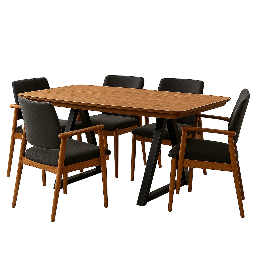 Essgruppe, 5-teilig, Holz und Stoff, braun und schwarz, rechteckig, feststehend, Tisch 160 x 85 x 75 cm, Stuhl 50 x 55 x 80 cm, für den Innenbereich - sJaTG5vphvih