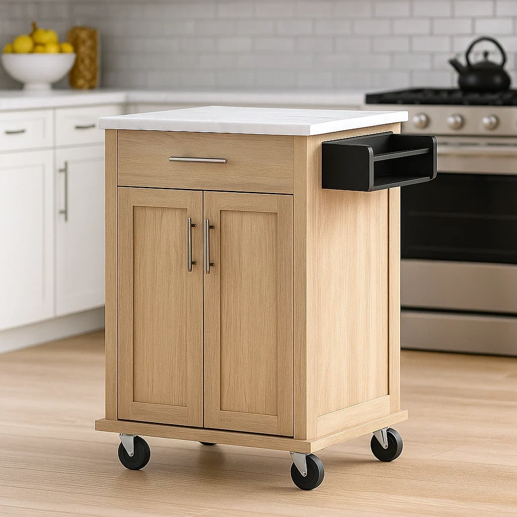 Kücheninsel mit Rollen, aus Holz und MDF, beige, mit einer Schublade und zwei Türen, Maße 80 x 40 x 85 cm, mit zusätzlichem Regalboden, zur Aufbewahrung in der Küche - uPkTCt1Ta8Yt