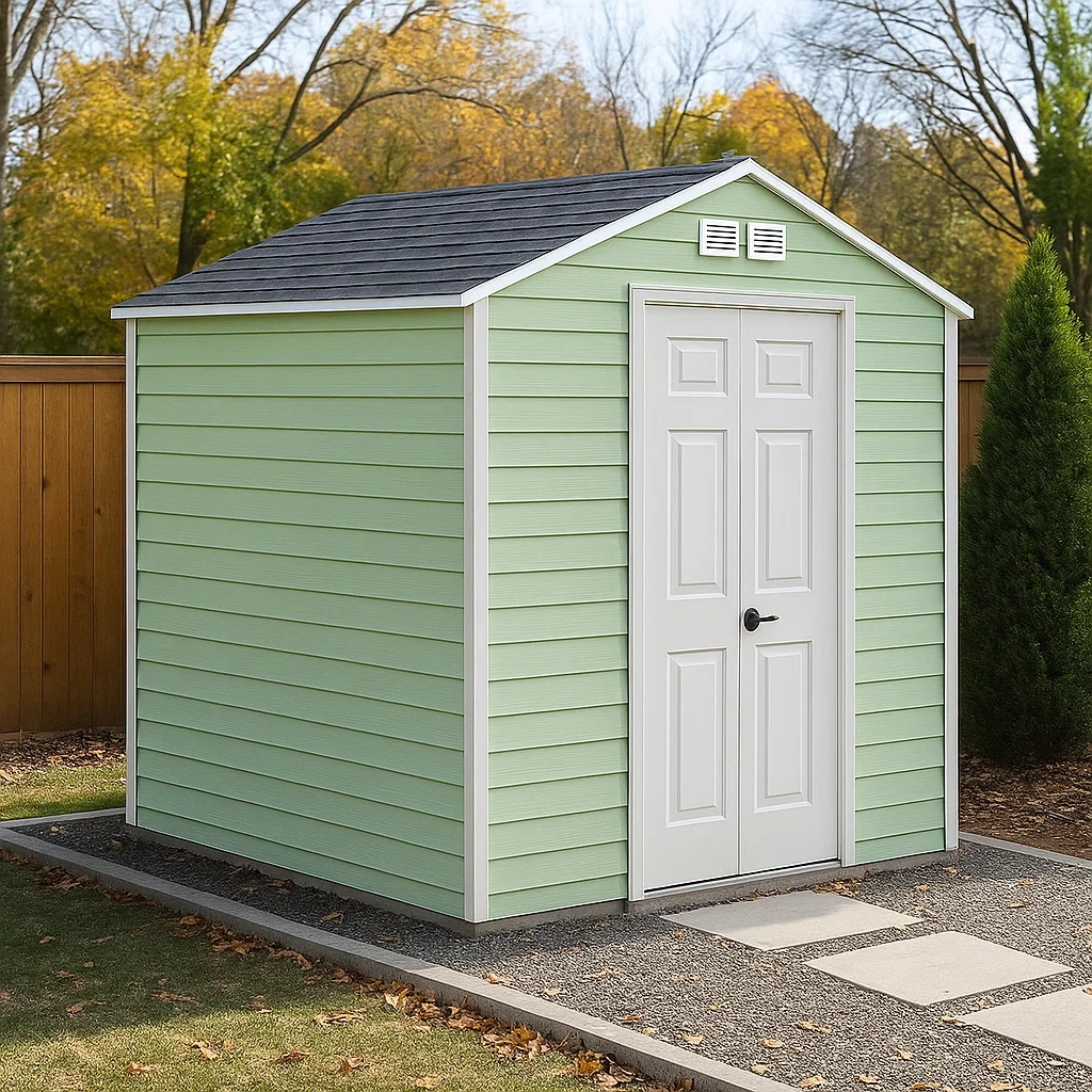 Rechteckiges Gartenhaus aus grünem Kunstharz mit Satteldach, zur Aufstellung auf ebenen Flächen, 200 x 170 x 220 cm, für den Außenbereich - TUaI3gOMGJdK