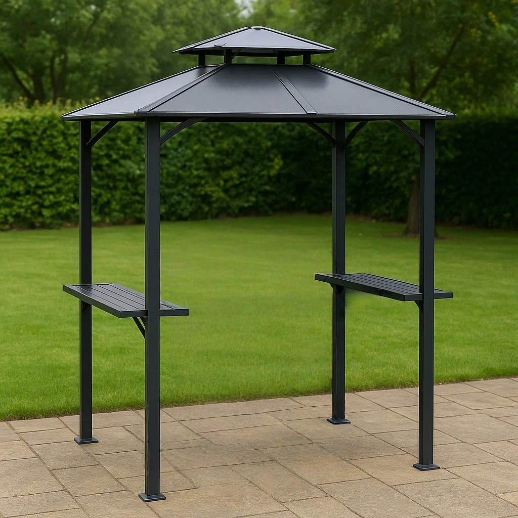 Schwarze Metallpergola mit Grillplatz für den Garten, 220 x 130 x 240 cm
