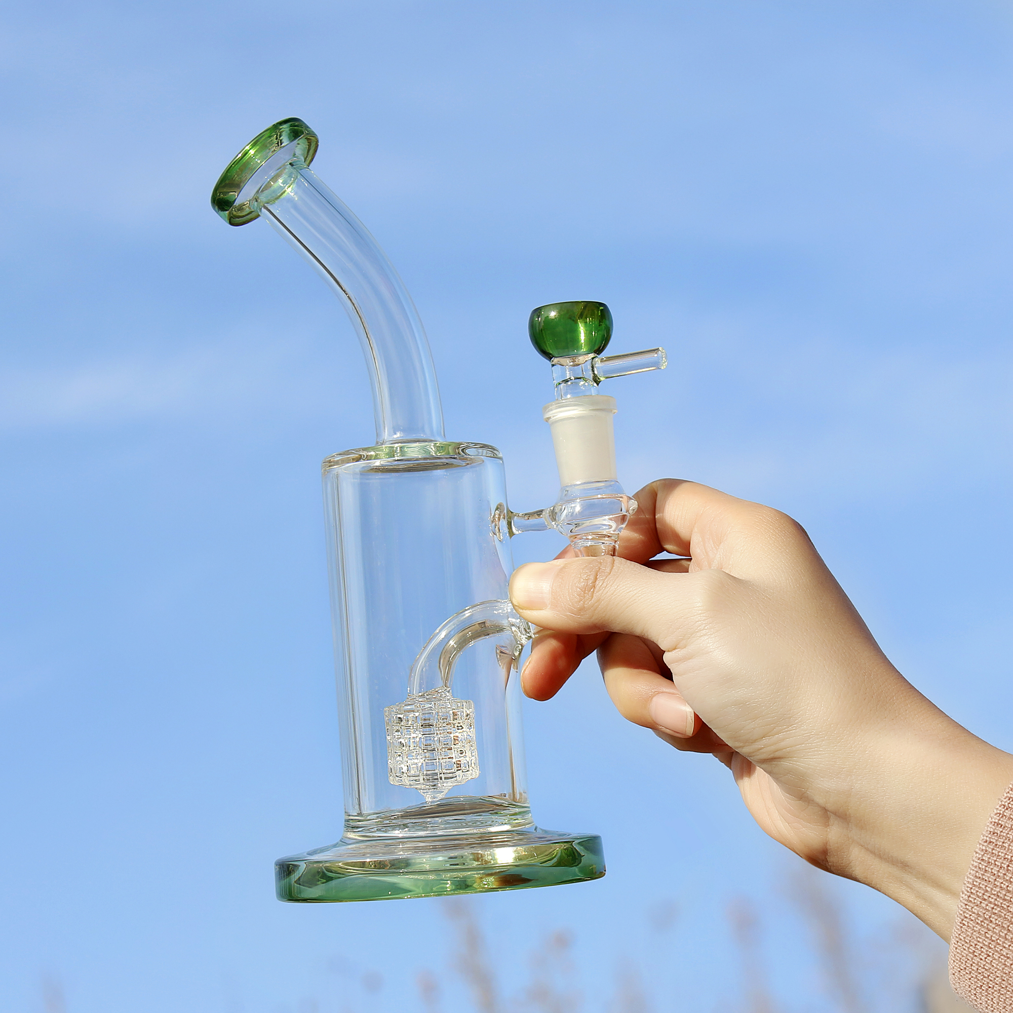10Inch Green Dab Rig Glass Bong Water Pipe Ash Catcher 14.5mm Joint