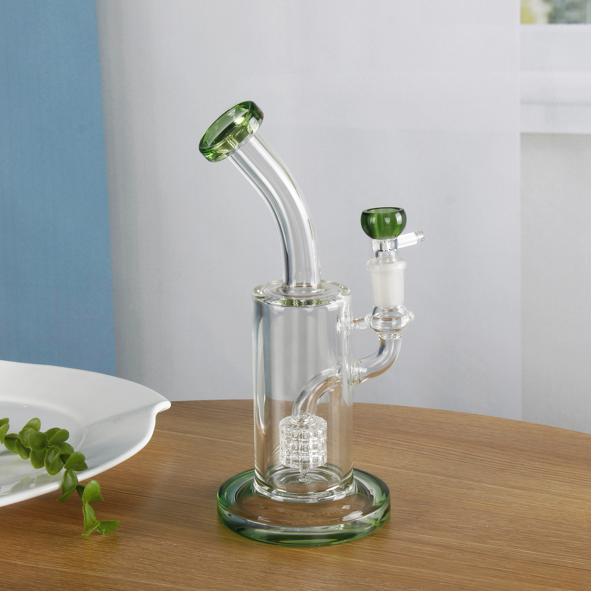 10Inch Green Dab Rig Glass Bong Water Pipe Ash Catcher 14.5mm Joint