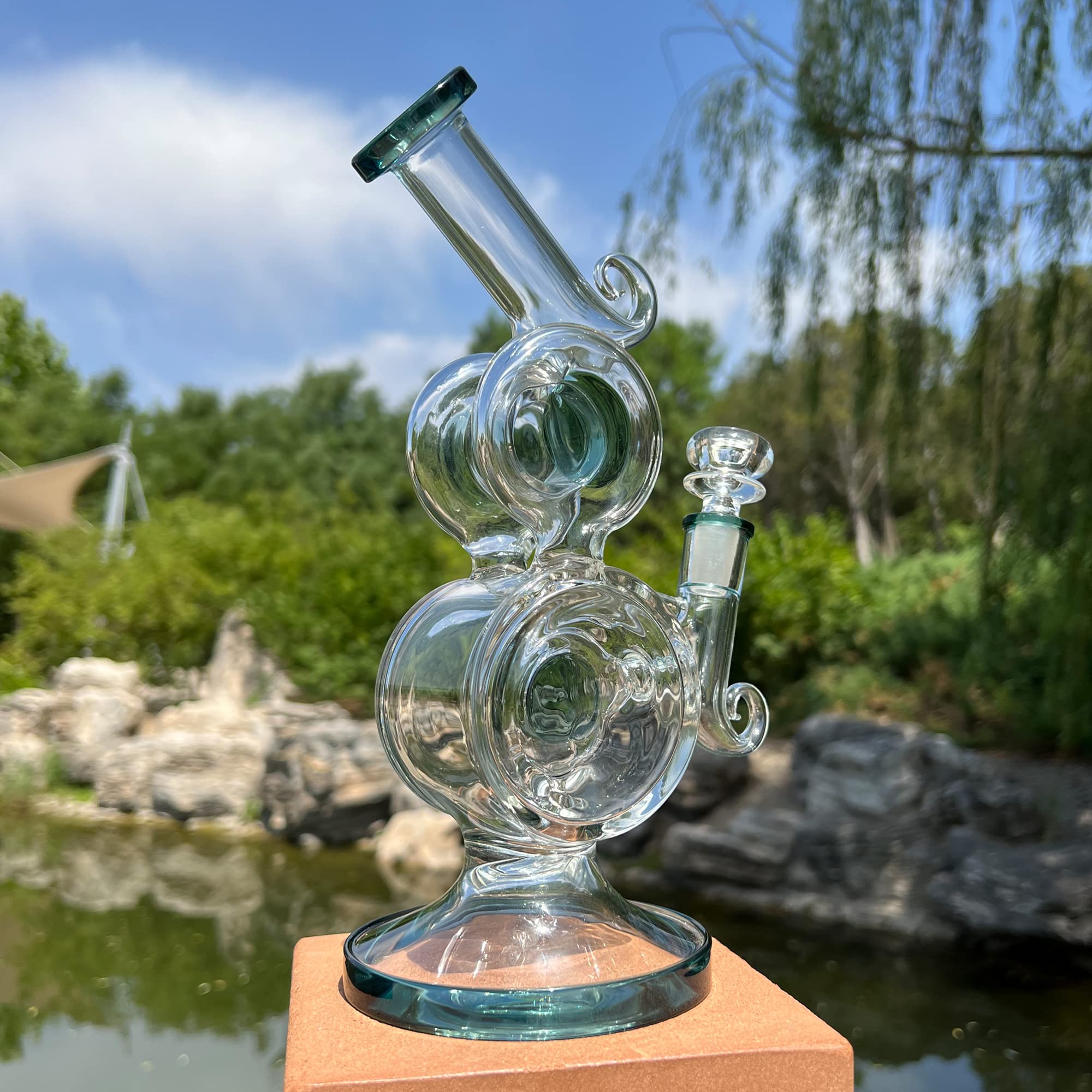 11Inch Blue Double Circle Dab Rig Glass Bong Water Pipe For Smoking 14.5mm