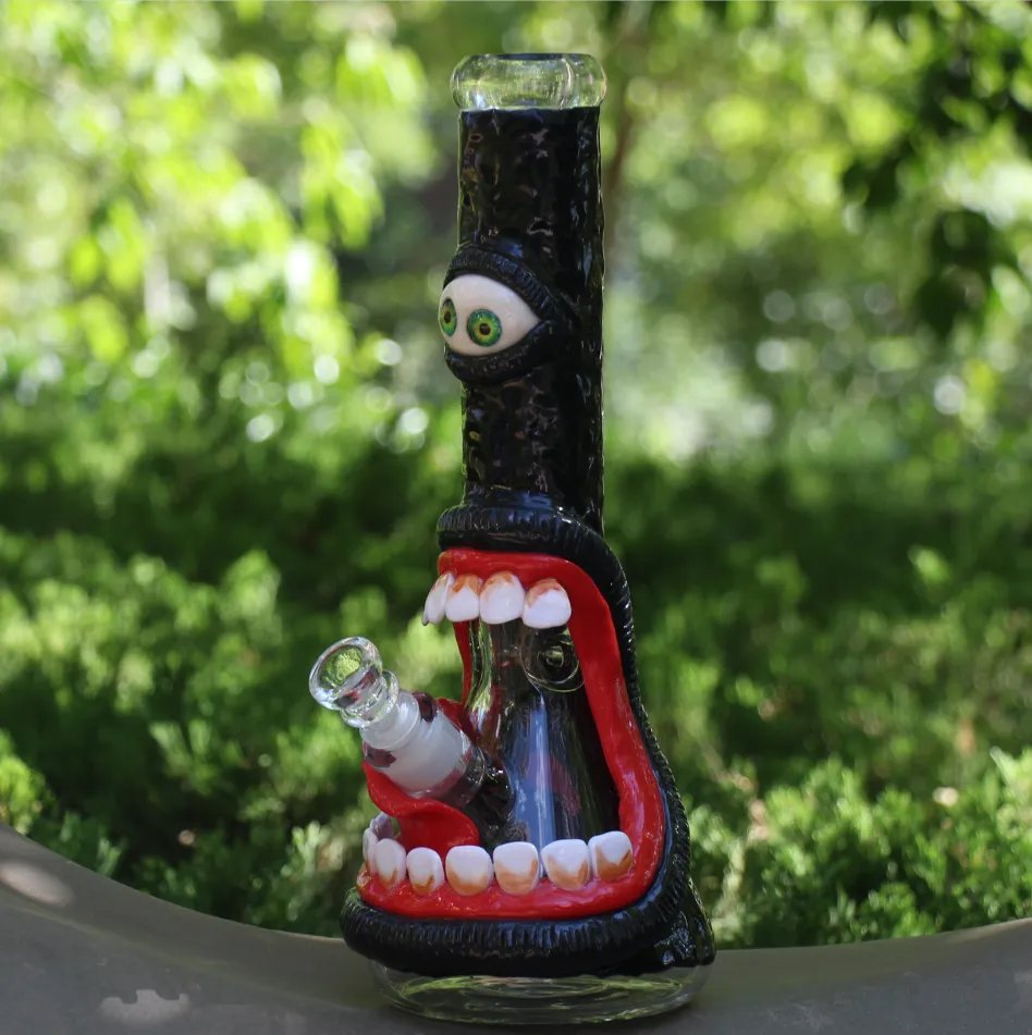 Black 3D Monster Mouth Glass Bong Wacky Water Pipe 10 Inch