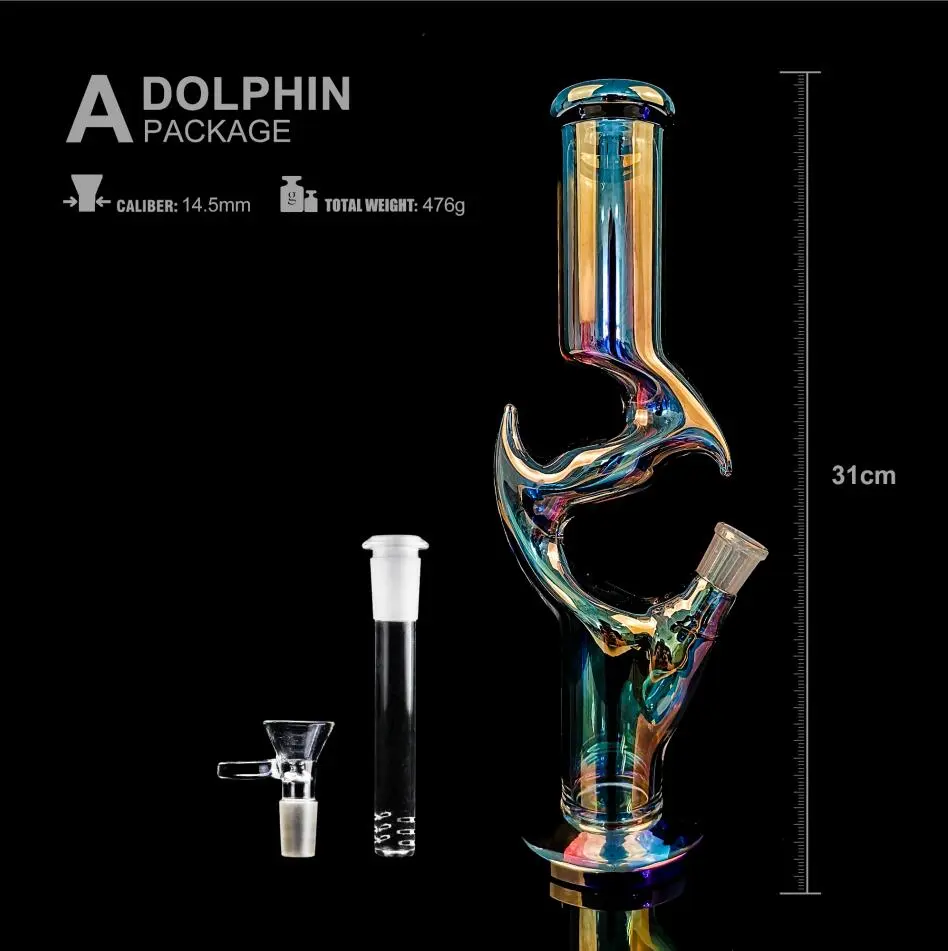 Dolphin Style Iridescent Glass Water Pipe, 12.2