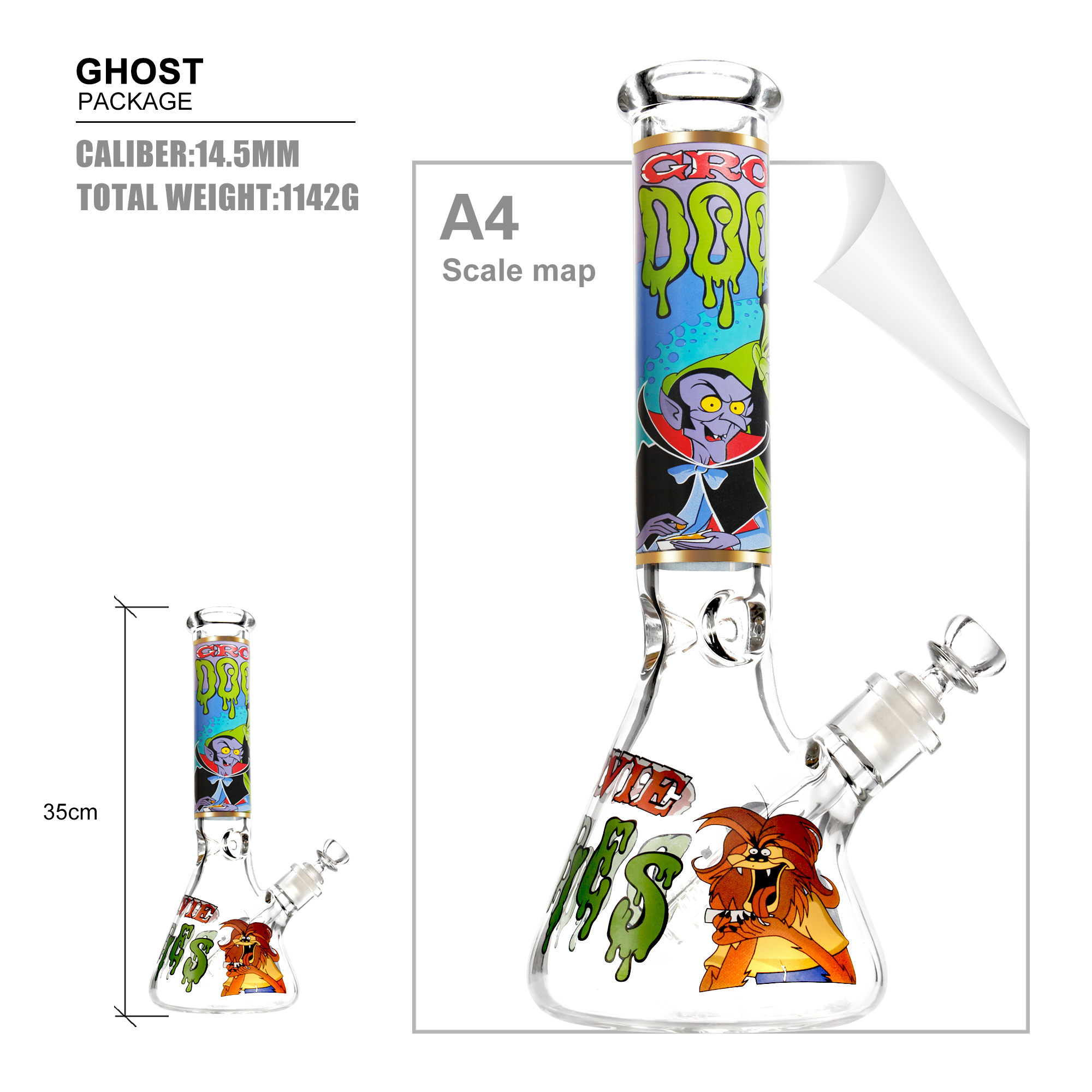Groovie Doobies Cartoon Monster Glass Bong, 13 In Tall Thick Glass Water Pipe with 14.5mm Bowl, Unique Retro Horror Character - RORA