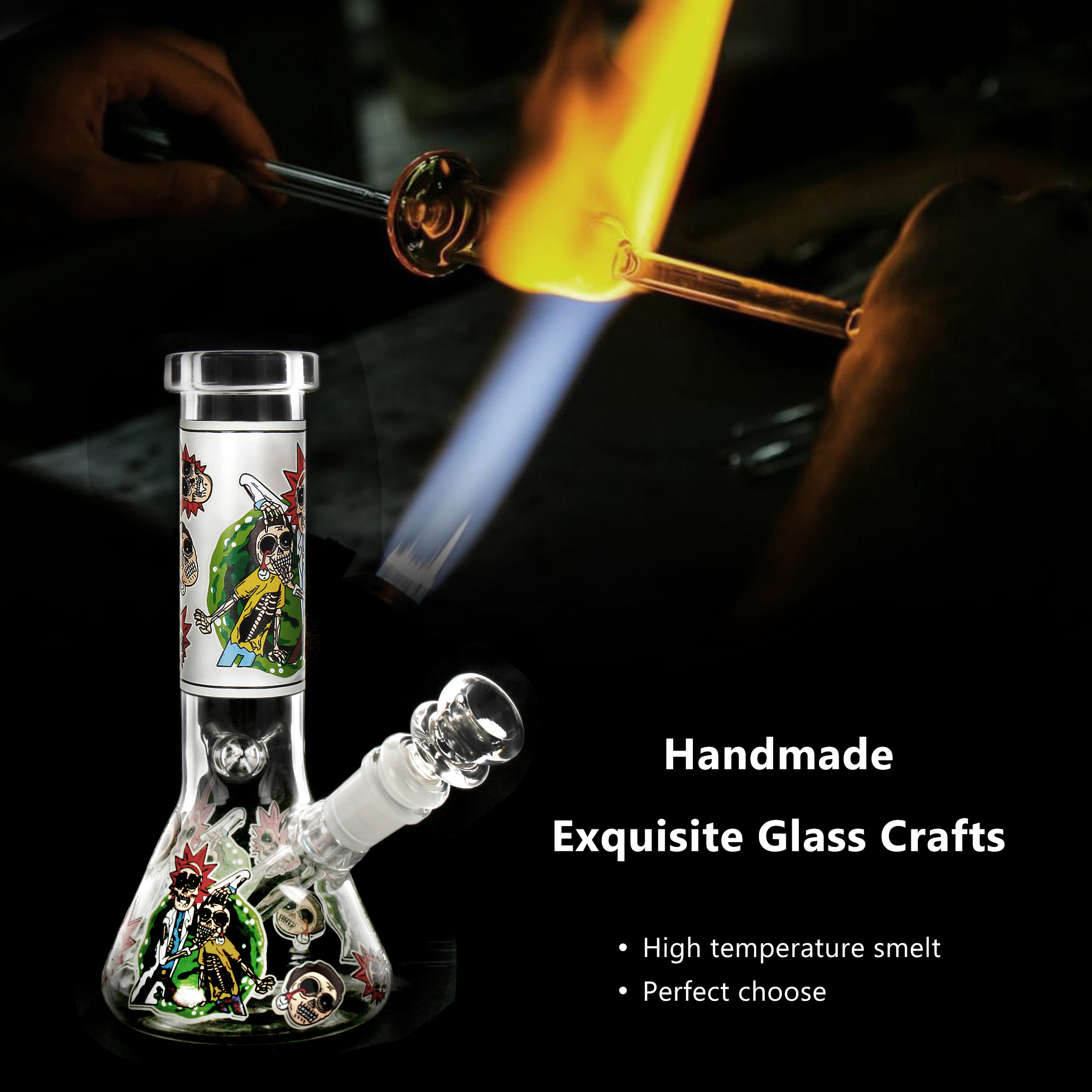 8.3 Inch Rick and Morty Glow in The Dark Glass Bong, Handmade Exquisite Glass Water Pipe with 14mm Bowl, Themed Smoking Accessory for Enthusiasts - RORA