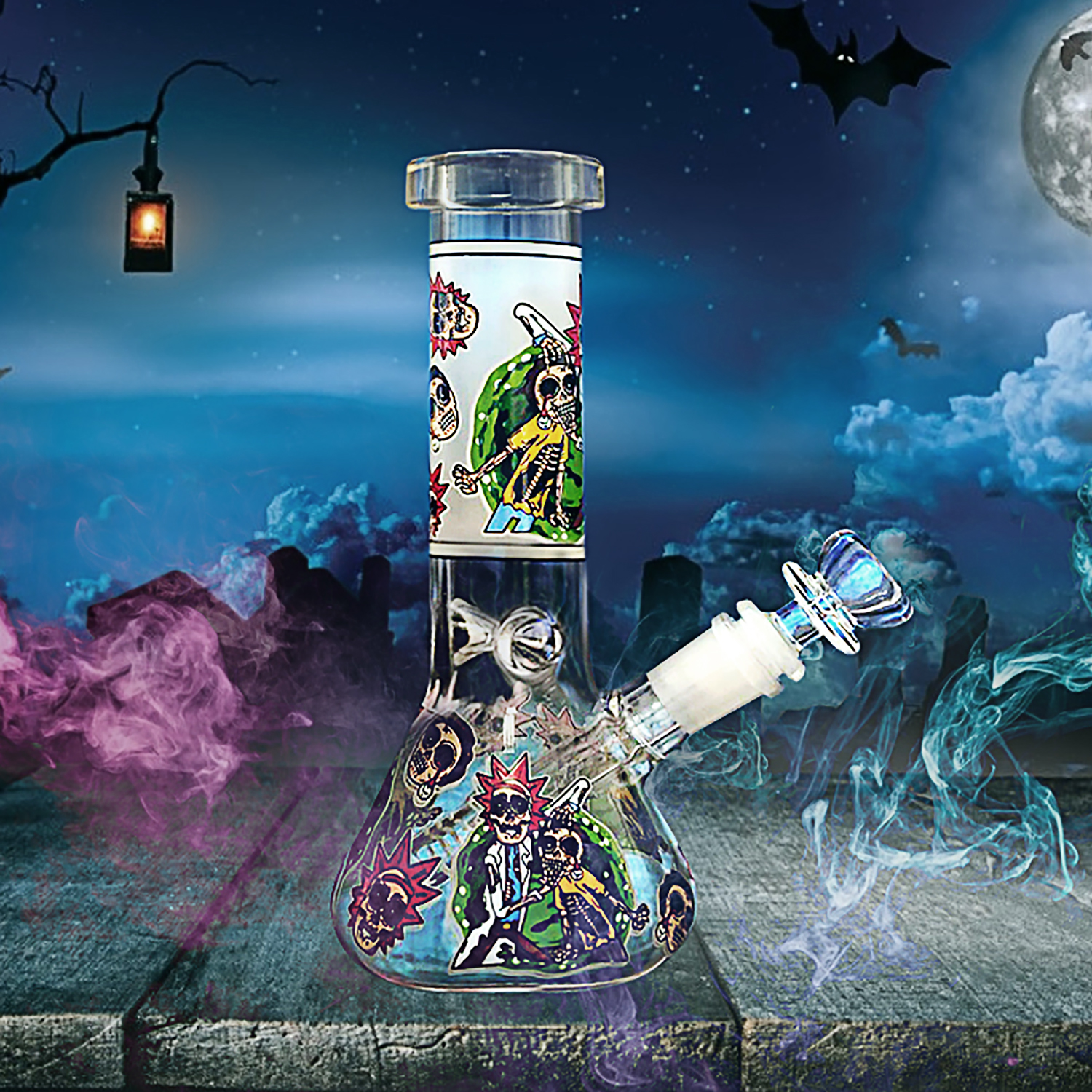 8.3 Inch Rick and Morty Glow in The Dark Glass Bong, Handmade Exquisite Glass Water Pipe with 14mm Bowl, Themed Smoking Accessory for Enthusiasts - RORA