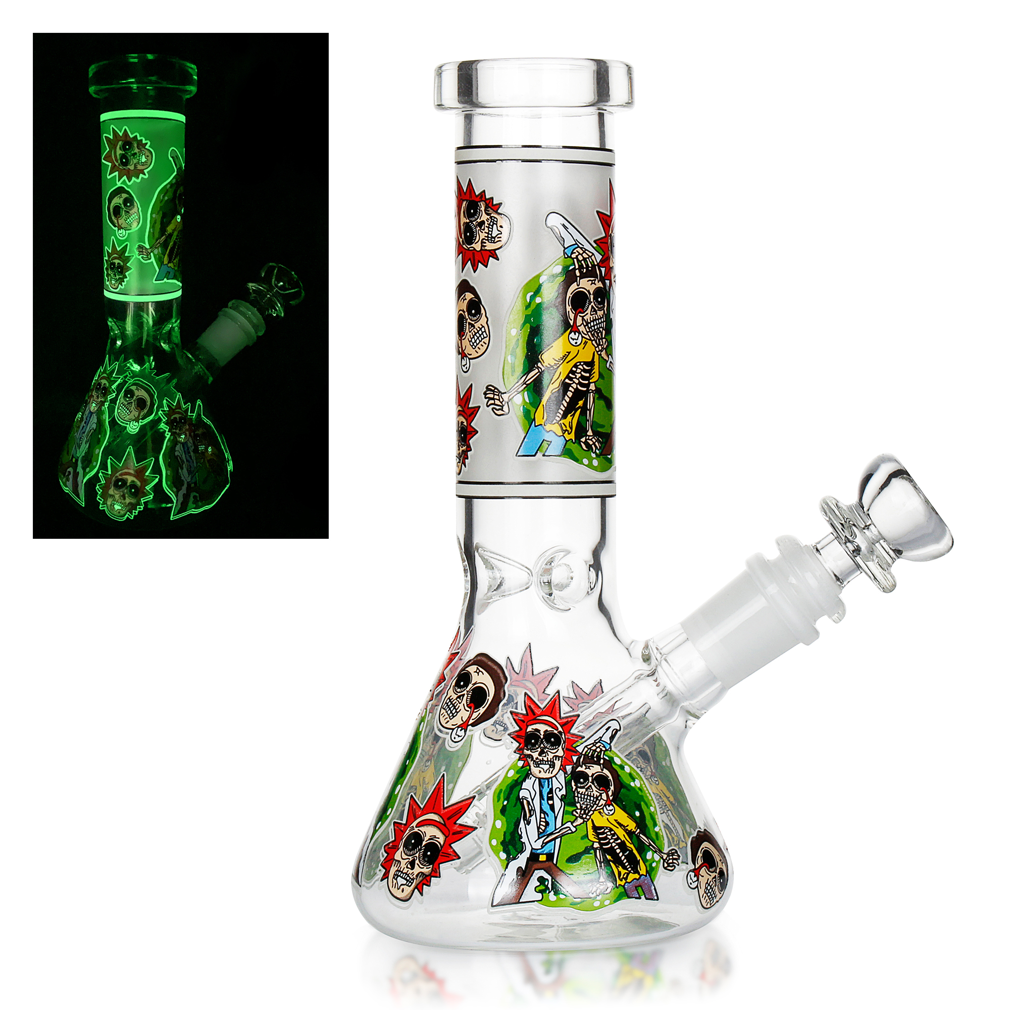 8.3 Inch Rick and Morty Glow in The Dark Glass Bong, Handmade Exquisite Glass Water Pipe with 14mm Bowl, Themed Smoking Accessory for Enthusiasts - RORA
