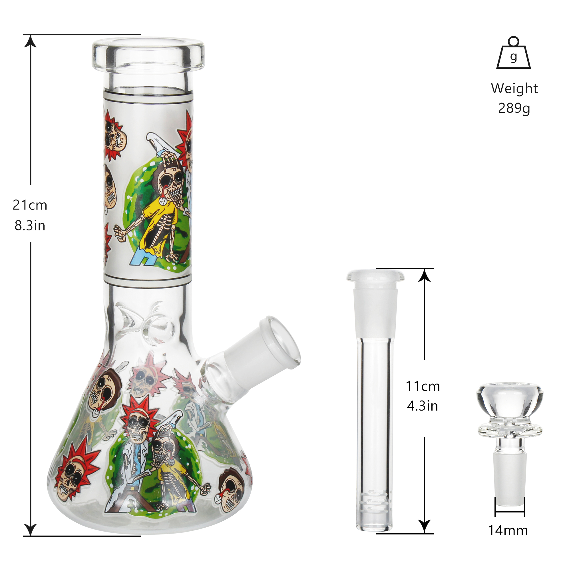 8.3 Inch Rick and Morty Glow in The Dark Glass Bong, Handmade Exquisite Glass Water Pipe with 14mm Bowl, Themed Smoking Accessory for Enthusiasts - RORA