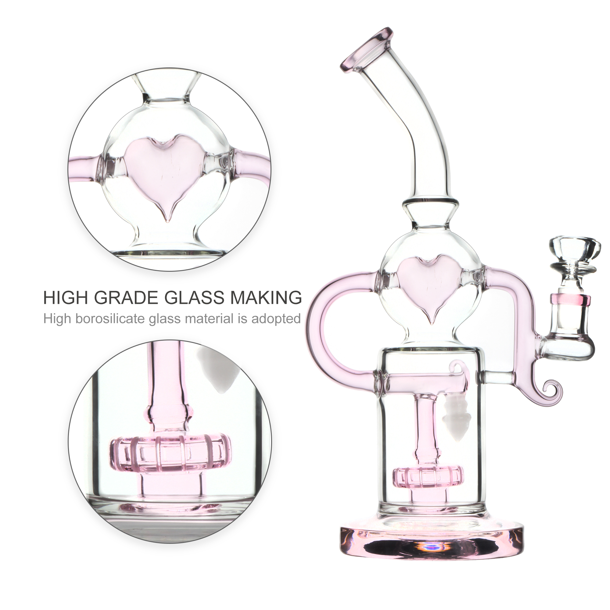 Pink Heart Glass Bong - 28cm High Borosilicate Glass Water Pipe with Percolator, 14.5mm Caliber for Smooth Smoking, Unique Design for Enthusiasts - RORA