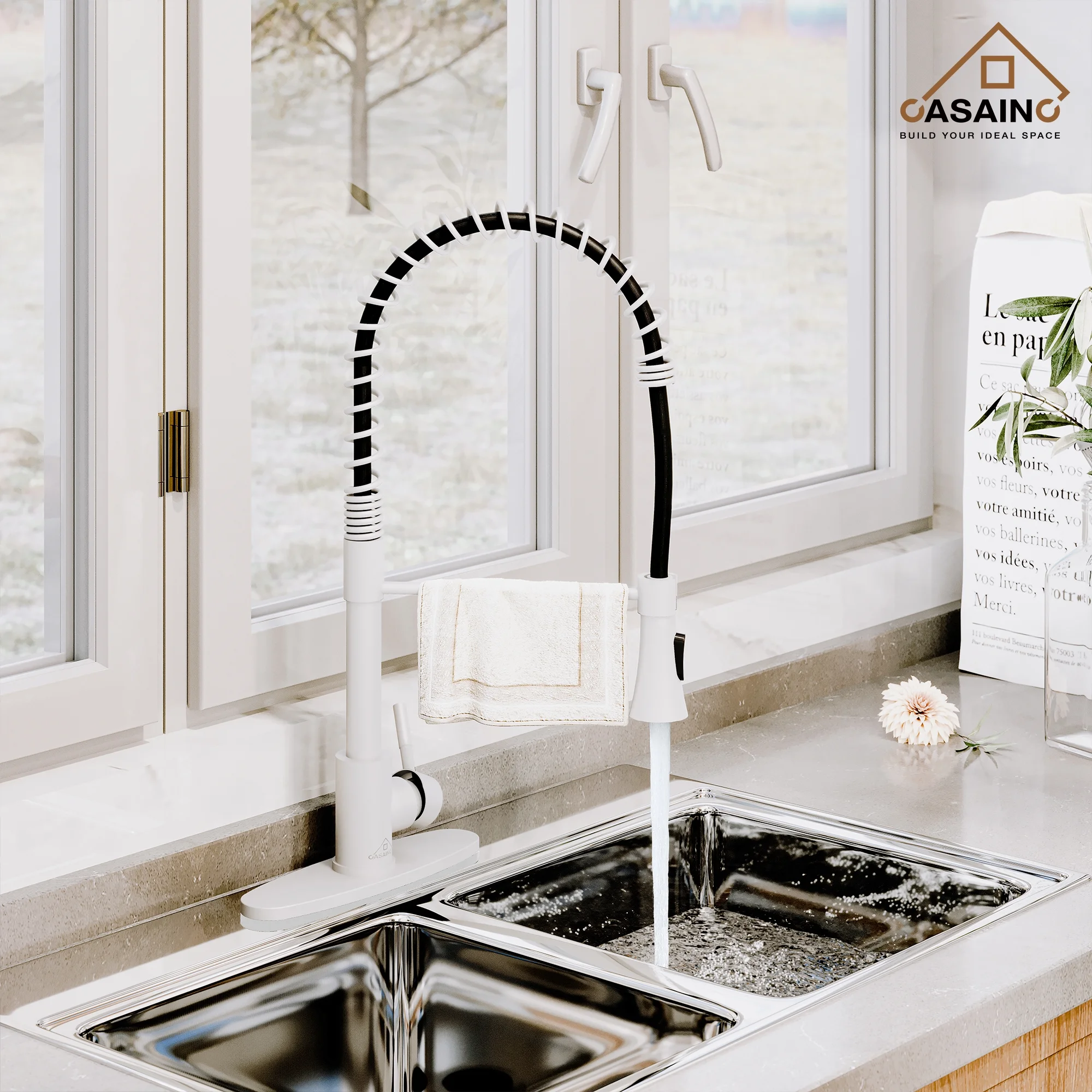 Single Handle Spring Standard Kitchen Faucet Deck Mounted Kitchen Sink Faucet with Dual-Function Sprayhead and Deck Plate in Matte White