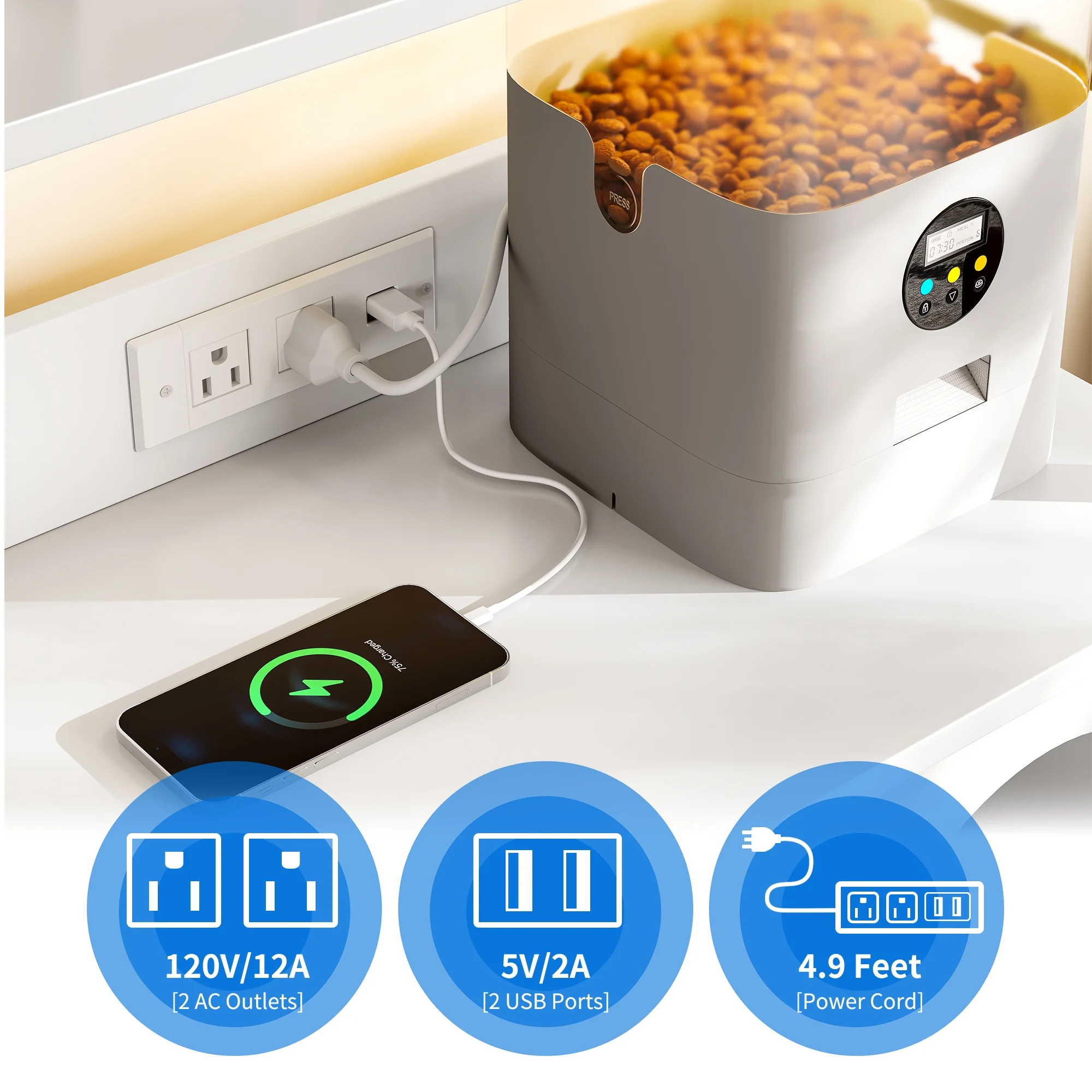 Dextrus Large Hidden Litter Cat Box Enclosure with Charging Station, 3 Shelves and Storage, Indoor Cat Box/House with Cat Tree for Most Litter Box - White & Gold