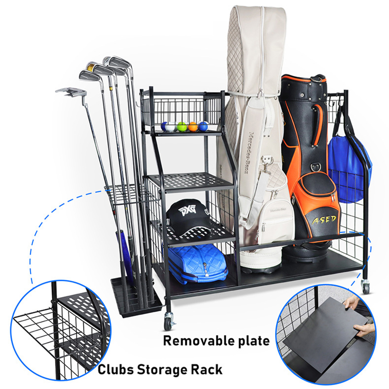 Golf Bag Organizer Garage Storage, Golf Bag Rack Fits Two Golf Bags and Golf Equipment Accessories, Golf Stand with Fixed Base and Movable Wheels for Garage, Basement and Entrance