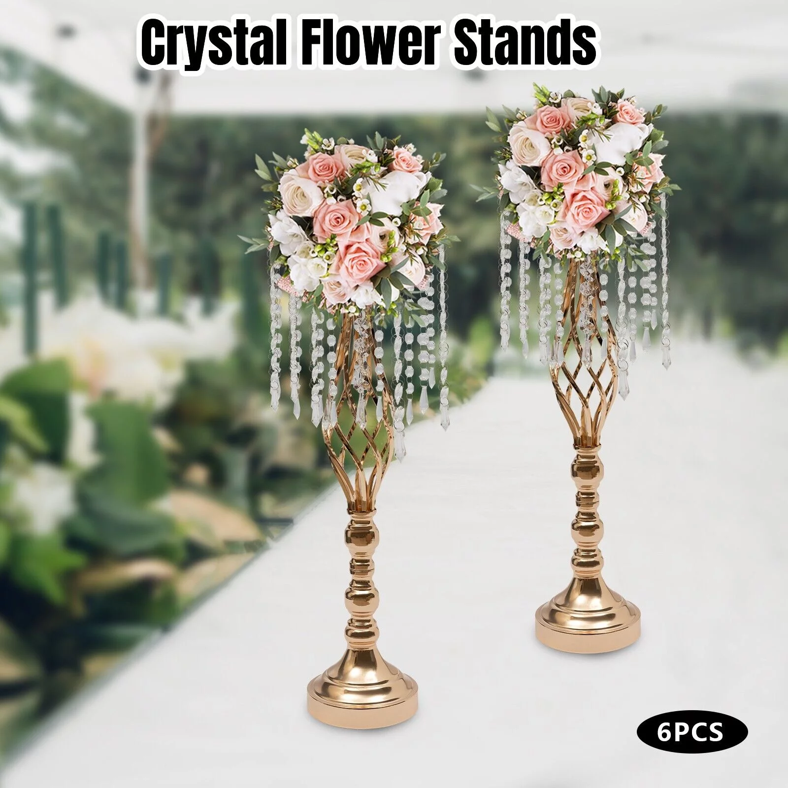 6PCS Crystal Flower Stands Gold DIY Vases Wedding Table Centerpieces 55cm Tall