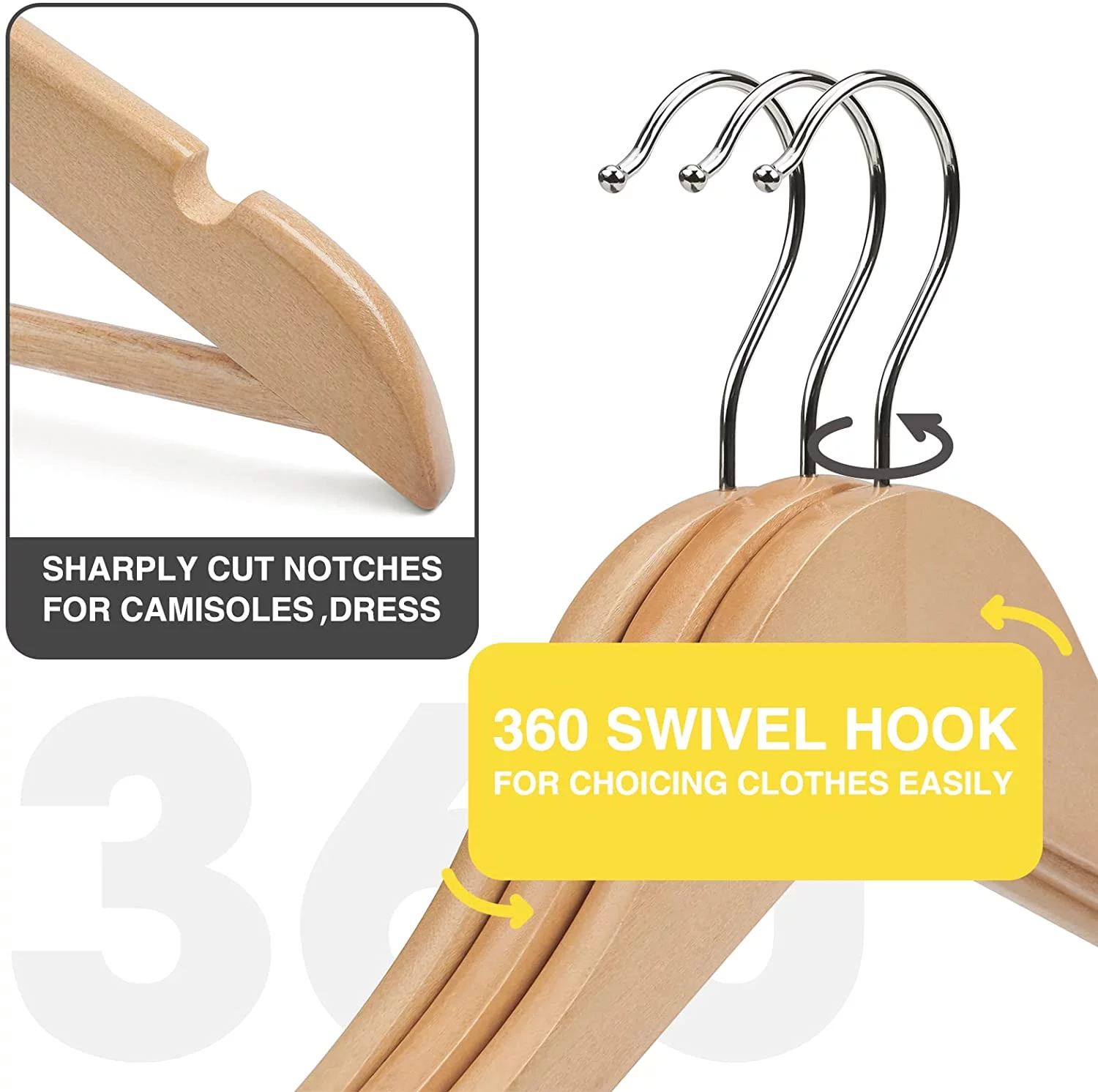 Smooth Natural Finish Solid Wood Shirt Dress Hangers 10 Pack, Sturdy Wooden Coat Hangers with Precisely Notches, Clothes Hangers for Jacket, Camisole, Bridal (Natural, 10)