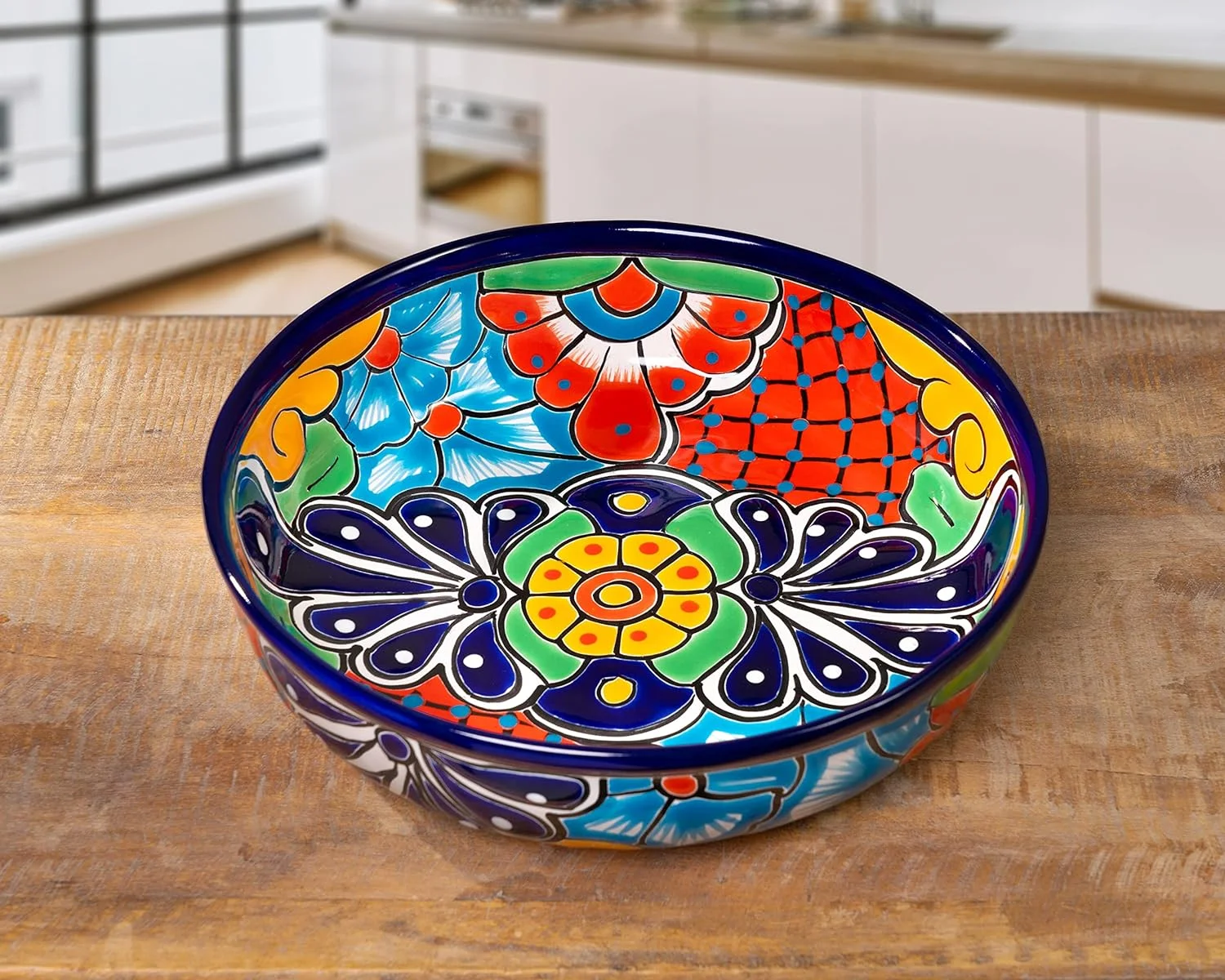 Mexican Talavera Ceramic Hand-Painted Large Serving Bowl Pasta Bowl Fruit Bowl Salad Bowl Party Platter Holiday Bakeware Dish (Cobalt)