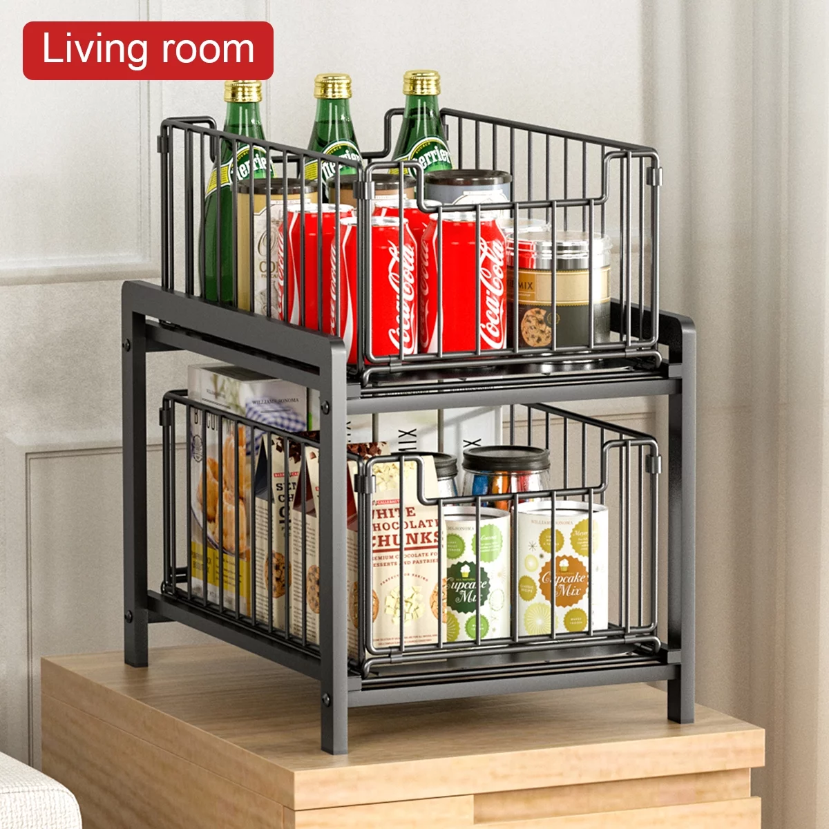 Sensch Under Sink Organizers 2-Tier Spice Rack Cabinet Organizer with Sliding Baskets Pull-Out Rack for kitchen