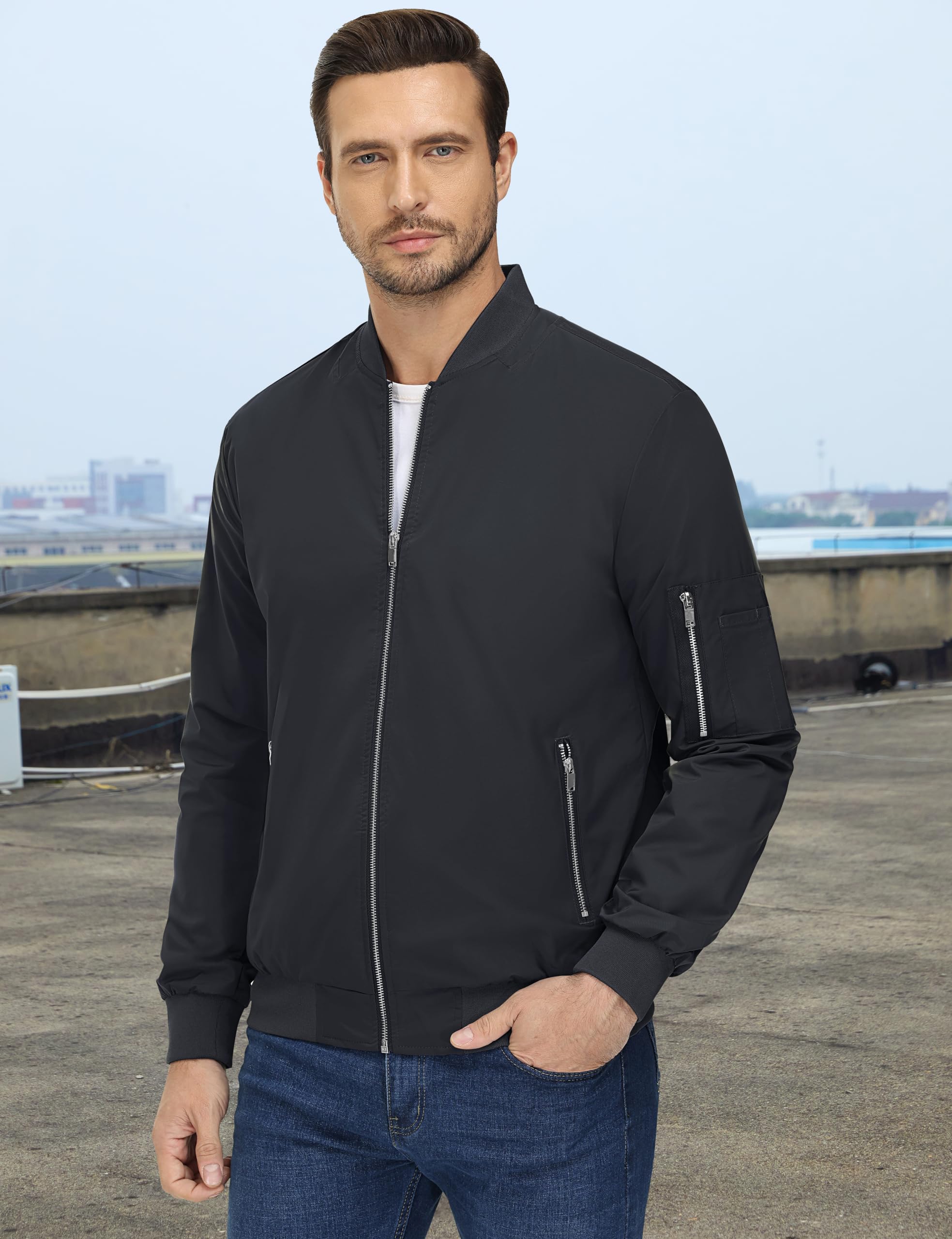 TACVASEN Mens Outdoor Casual Jacket Lightweight Windproof Bomber Coat Black M