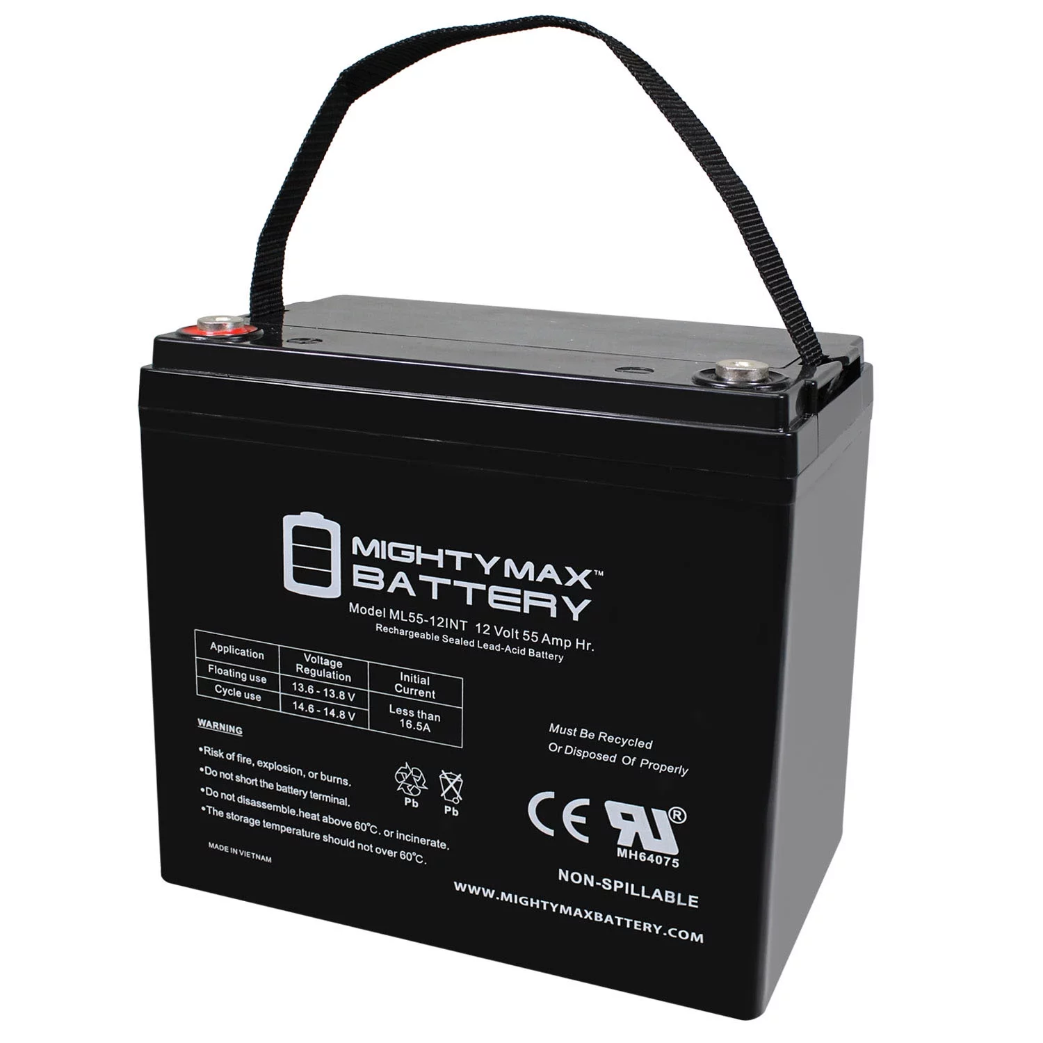 ML55-12INT -12 Volt 55 AH, Internal Thread (INT) Terminal, Rechargeable SLA AGM Battery