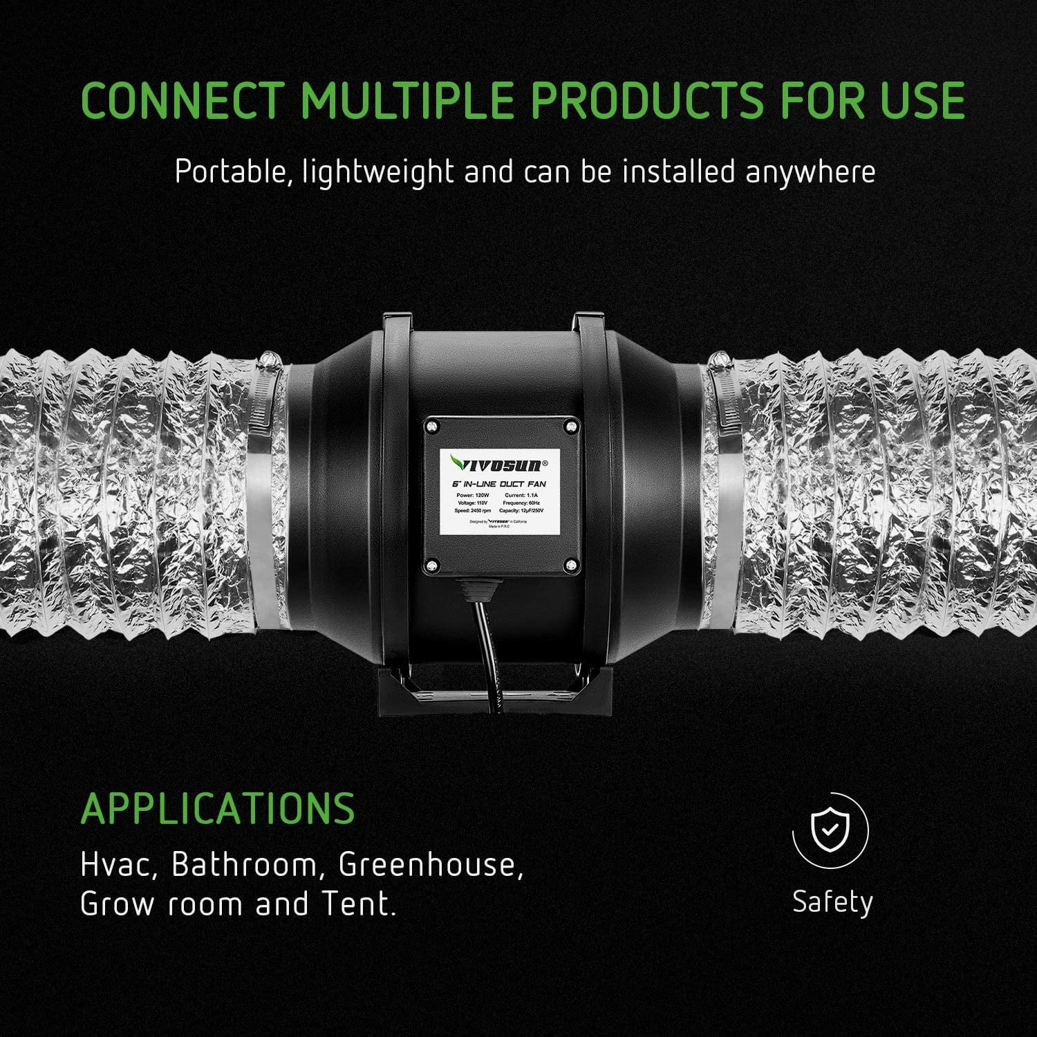 VIVOSUN 2Pack 4In 25Ft Non-Insulated Flex Air Aluminum Ducting, 4 Clamps Included