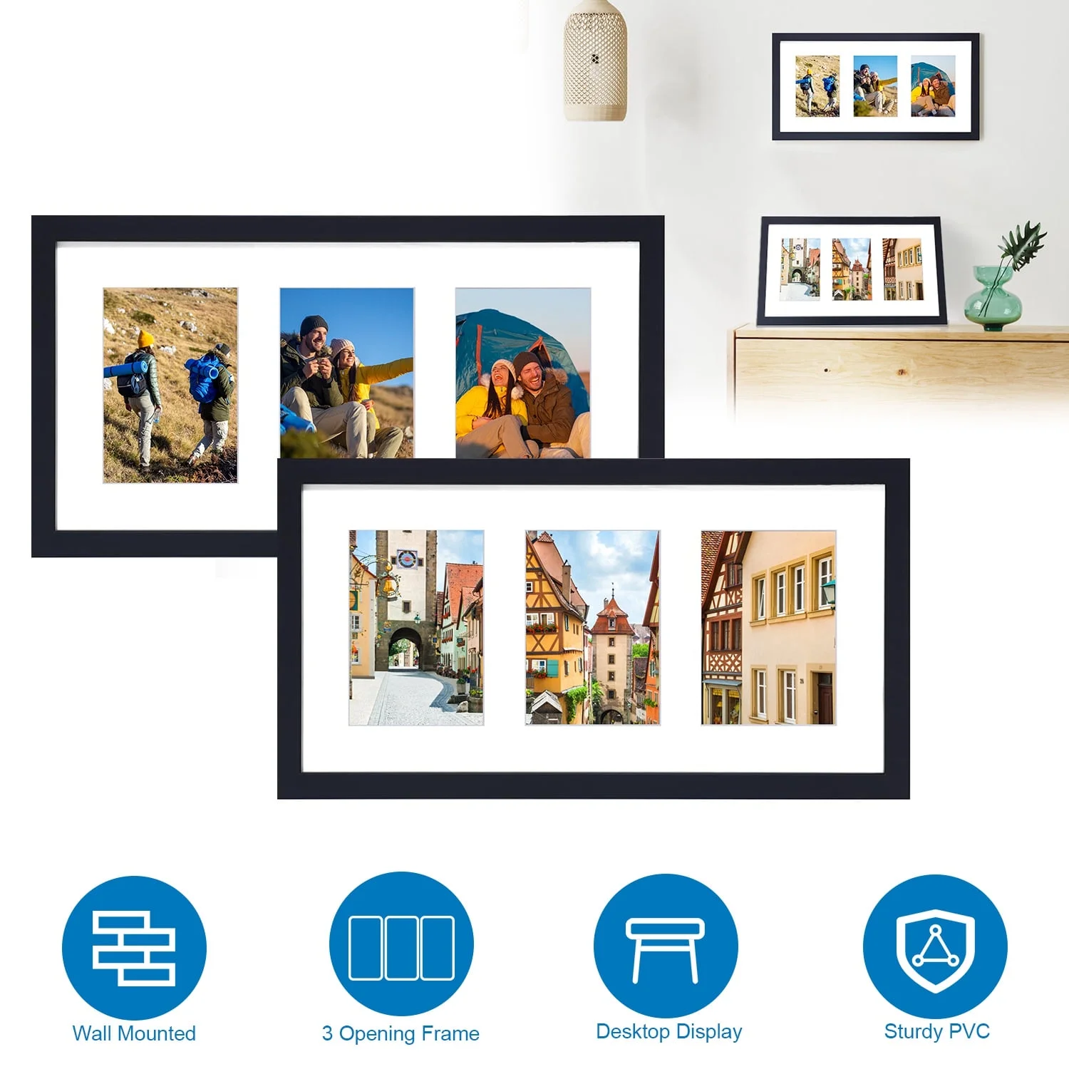 iMounTEK 2Pcs Picture Frame 5x7in Photo Frame 3 Opening Collage Frame Desktop Wall Mounted Display Frame for Home Decoration, Black