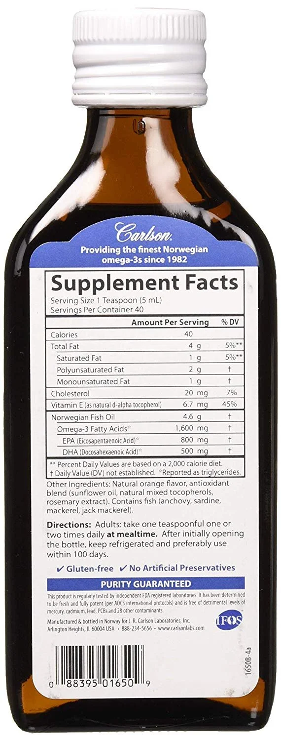 Carlson The Very Finest Fish Oil,Orange, Norwegian, 1,600 mg Omega-3s, 200 mL