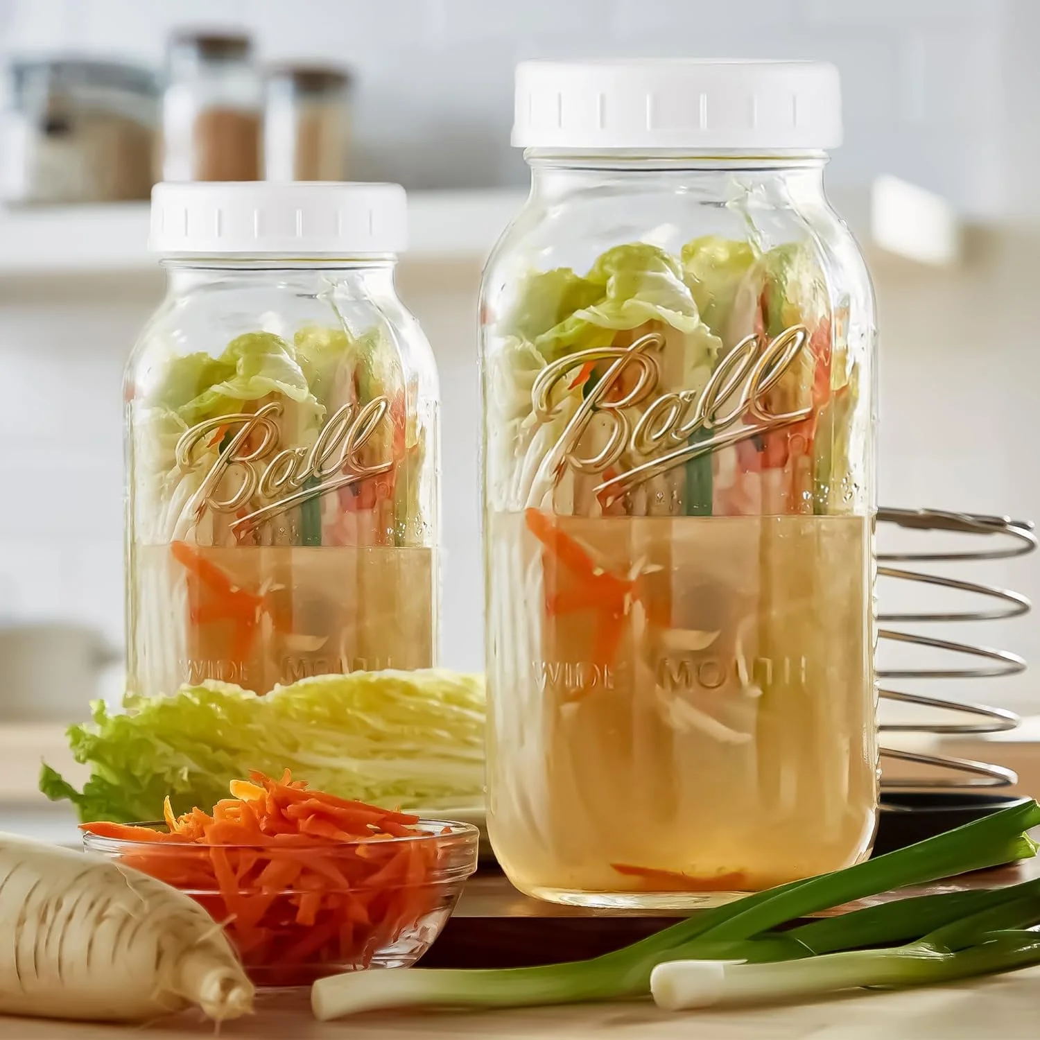 Wide Mouth Mason Jars 64 oz - (2 Pack) - Ball Wide Mouth 64-Ounces Half Gallon Mason Jars with White M.E.M Food Storage Plastic Lid