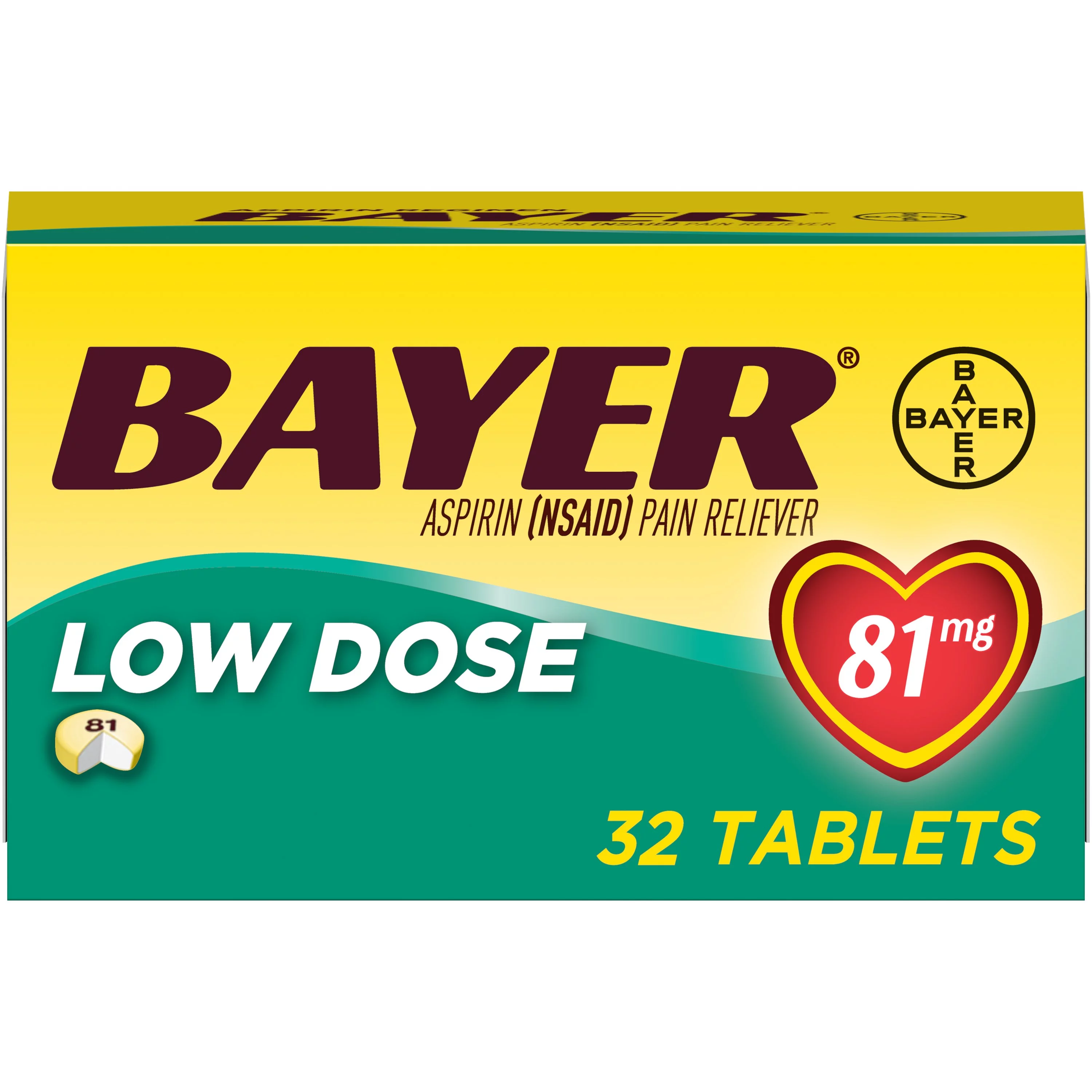 Bayer Low Dose Aspirin 81mg, Minor Aches & Pain Reliever, 32 Tabs, 2-Pack