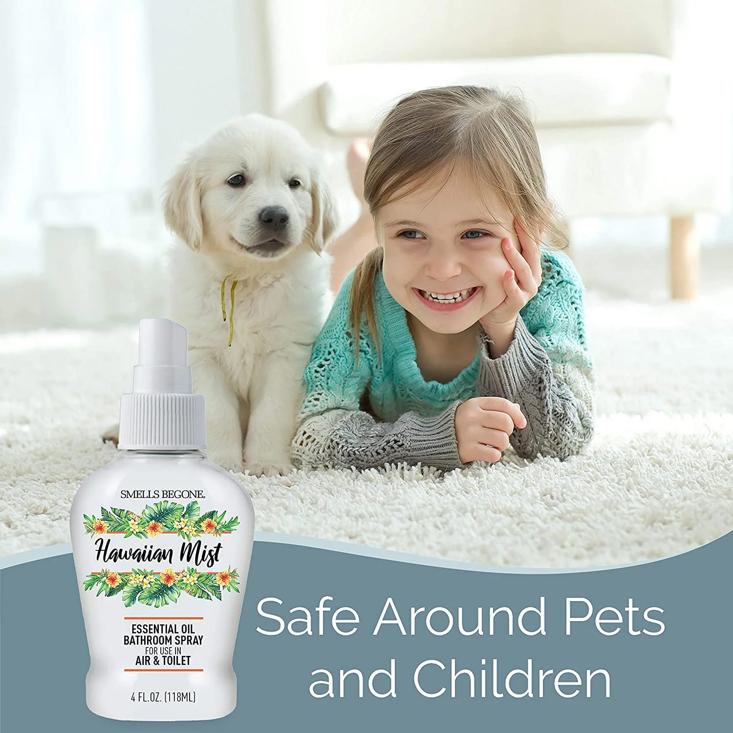 SMELLS BEGONE Essential Oil Air Freshener Bathroom Spray - Hawaiian Mist - 4 Ounce