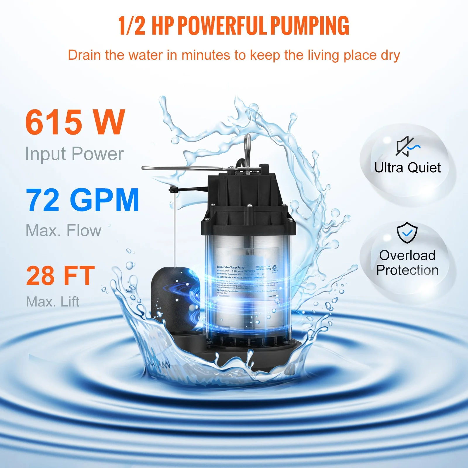 BENTISM Submersible Sump Pump Water Pump 1/2 HP 4320GPH Cast Iron Steel Basement