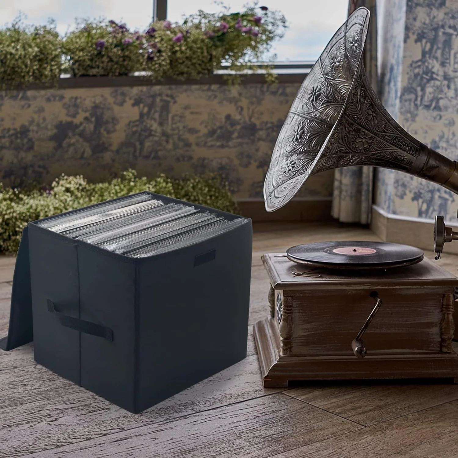 Vinyl Record Storage Box for 12-inch Records Crate Holds up to 90 records,Pack of 1-13.7x 12.9x 12.9 Inch LP record storage - Black