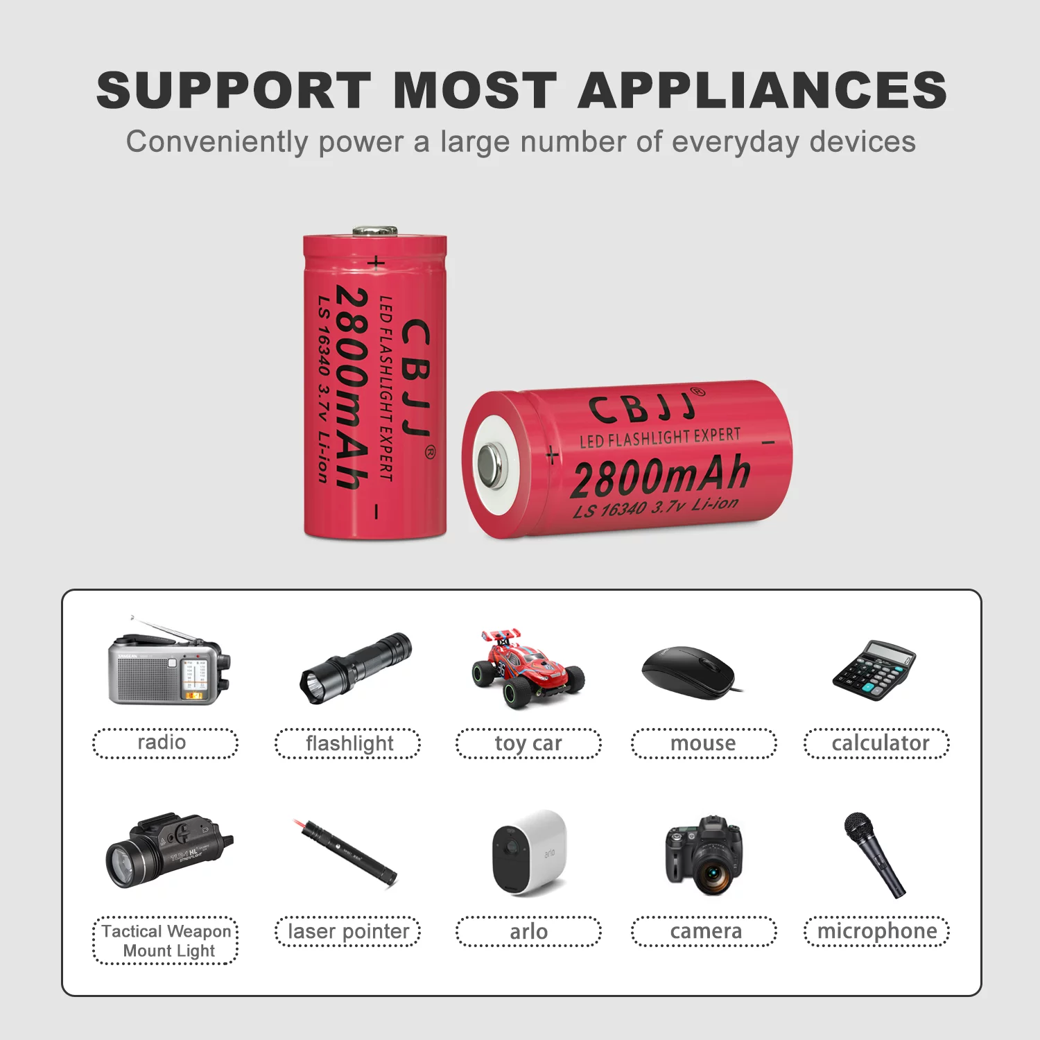 16340 Rechargeable Batteries 3.7V Cell 2800mAh for Flashlight US Shipping (Red)