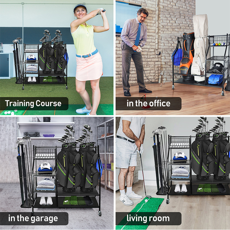 Golf Bag Organizer Garage Storage, Golf Bag Rack Fits Two Golf Bags and Golf Equipment Accessories, Golf Stand with Fixed Base and Movable Wheels for Garage, Basement and Entrance