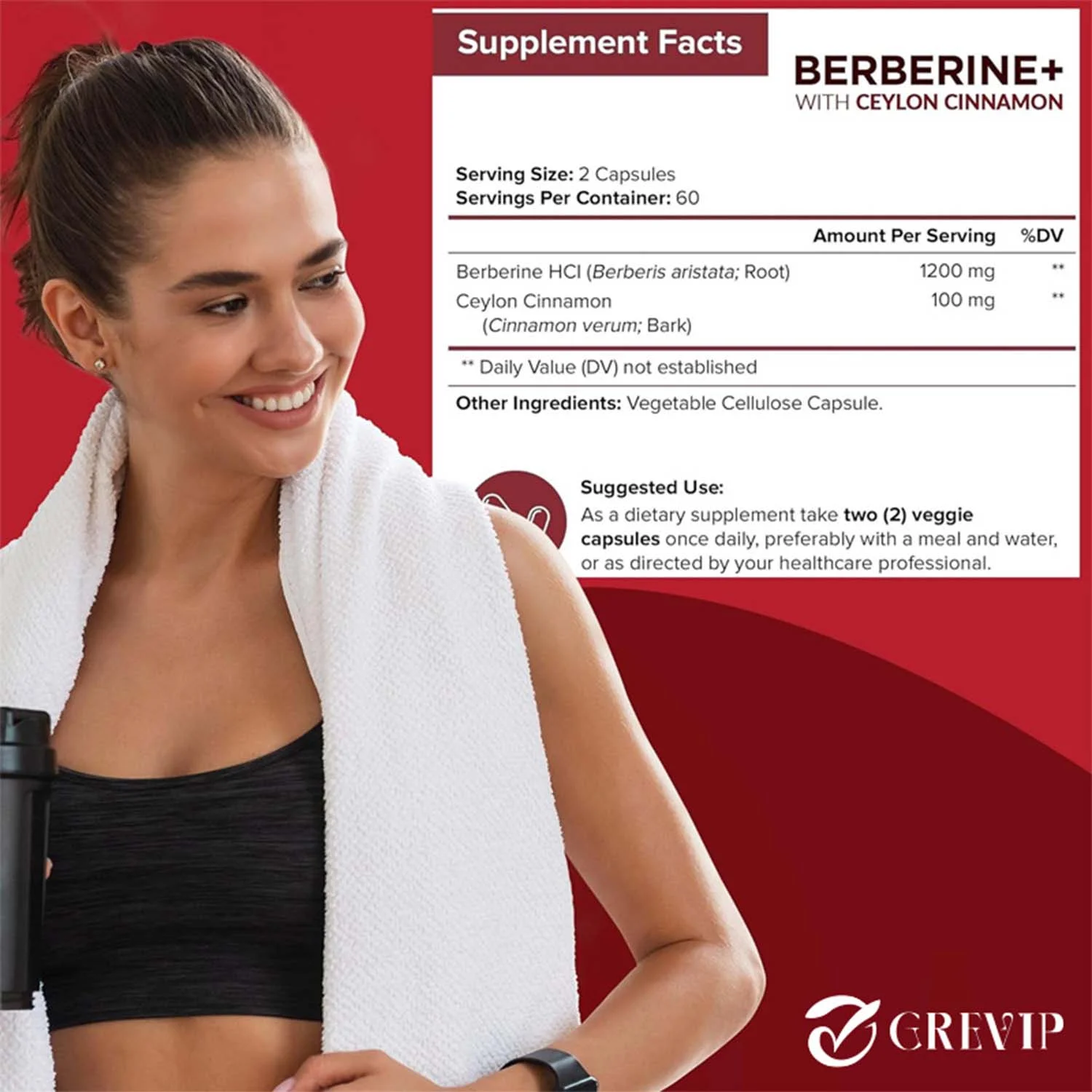 Grevip Berberine HCI+Ceylon Cinnamon 1200mg -Cardiovascular Health,Blood Sugar Support(30/60/120pcs)