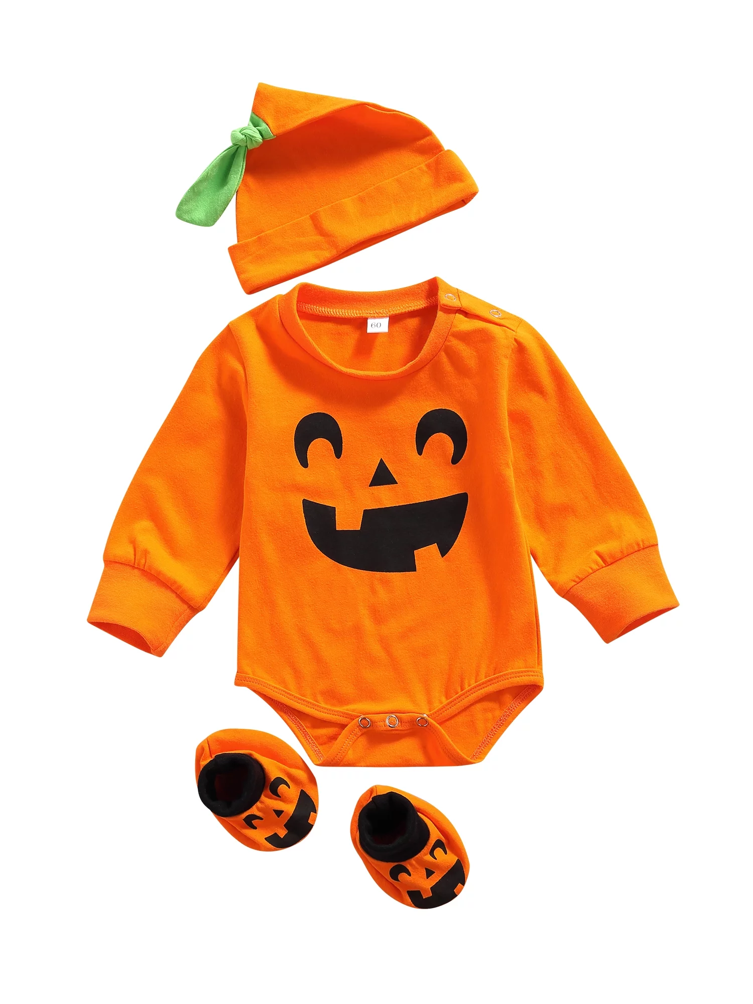 Spring hue Newborn Baby Girls Boys Halloween 3Pcs Outfits, Pumpkin Romper + Hat + Shoes