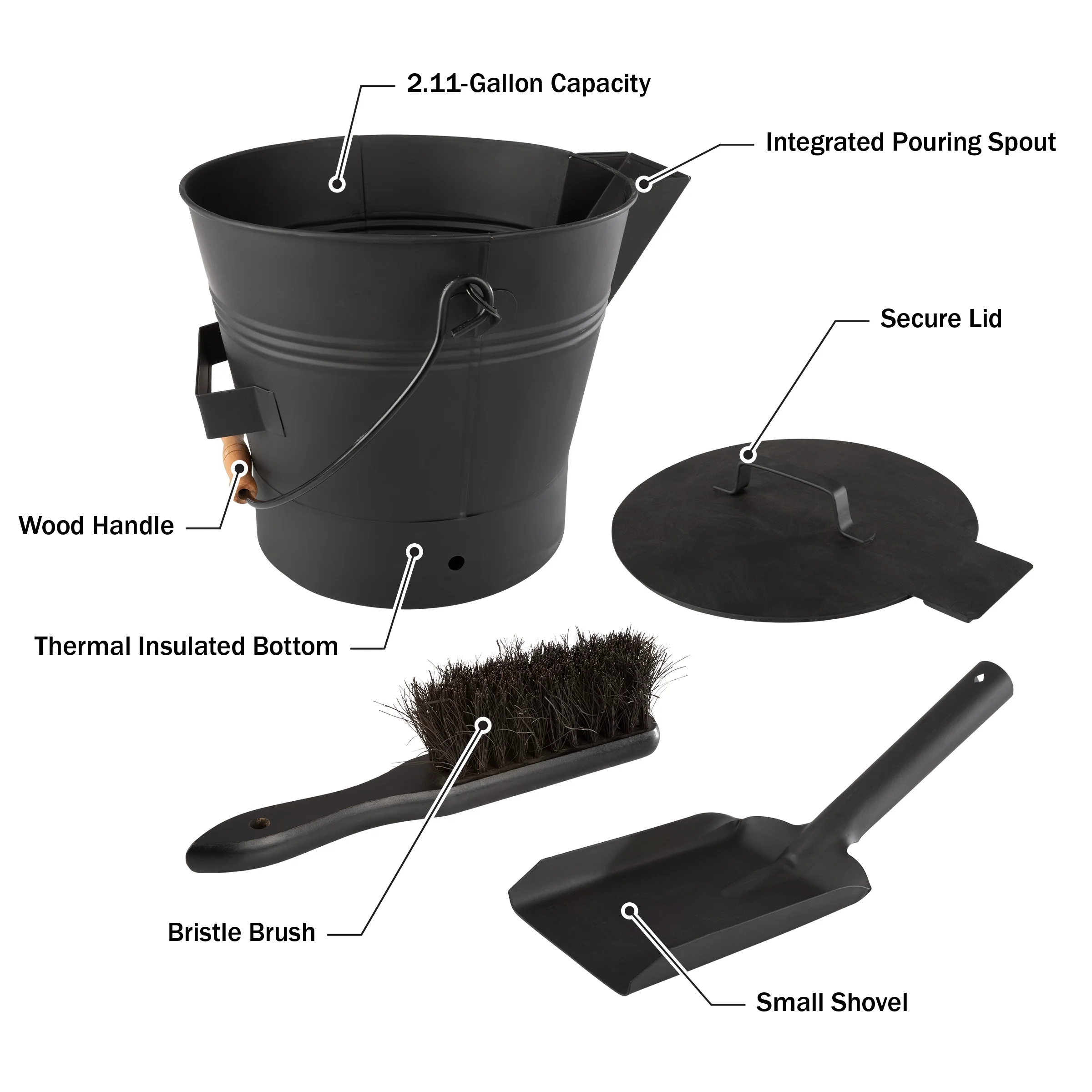 Pure Garden 2.11Gal Metal Ash Bucket with Lid, Broom, and Shovel (Black)