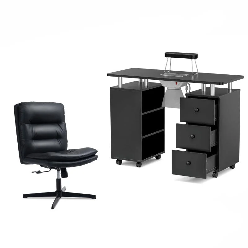 Paddie Manicure Table Set, Nail Beauty Manicure Desk Nail Table Station with No Wheels Chair for Nail Tech w/Electric Downdraft Vent, Foldable Nail Arm Rest, Lockable Wheels