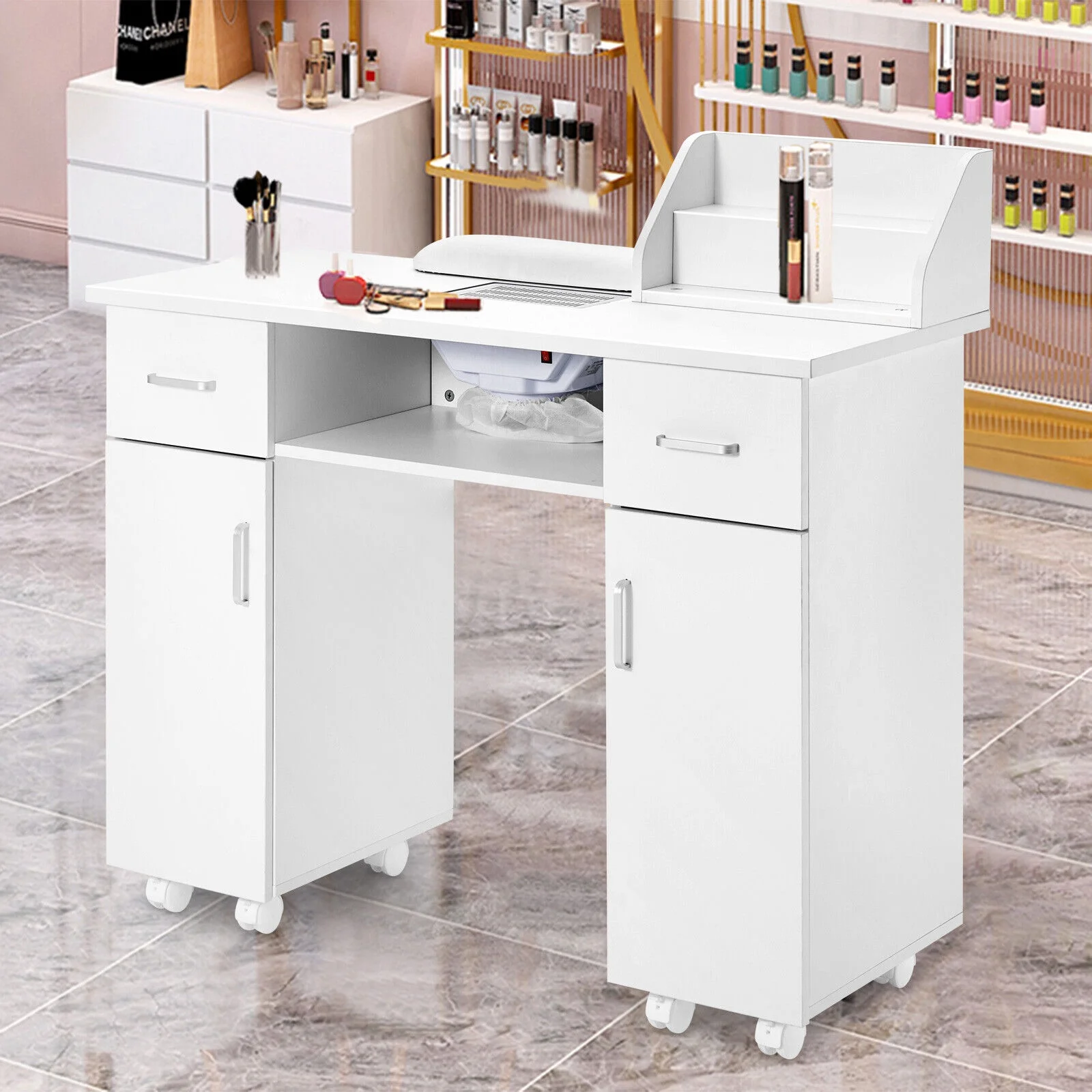 Artist Hand Manicure Table Nail Table Desk Salon Beauty Workstation with Dust Collector, Storage Rack, 2 Drawers, 2 Doors, Wrist Cushion, Lockable Wheels