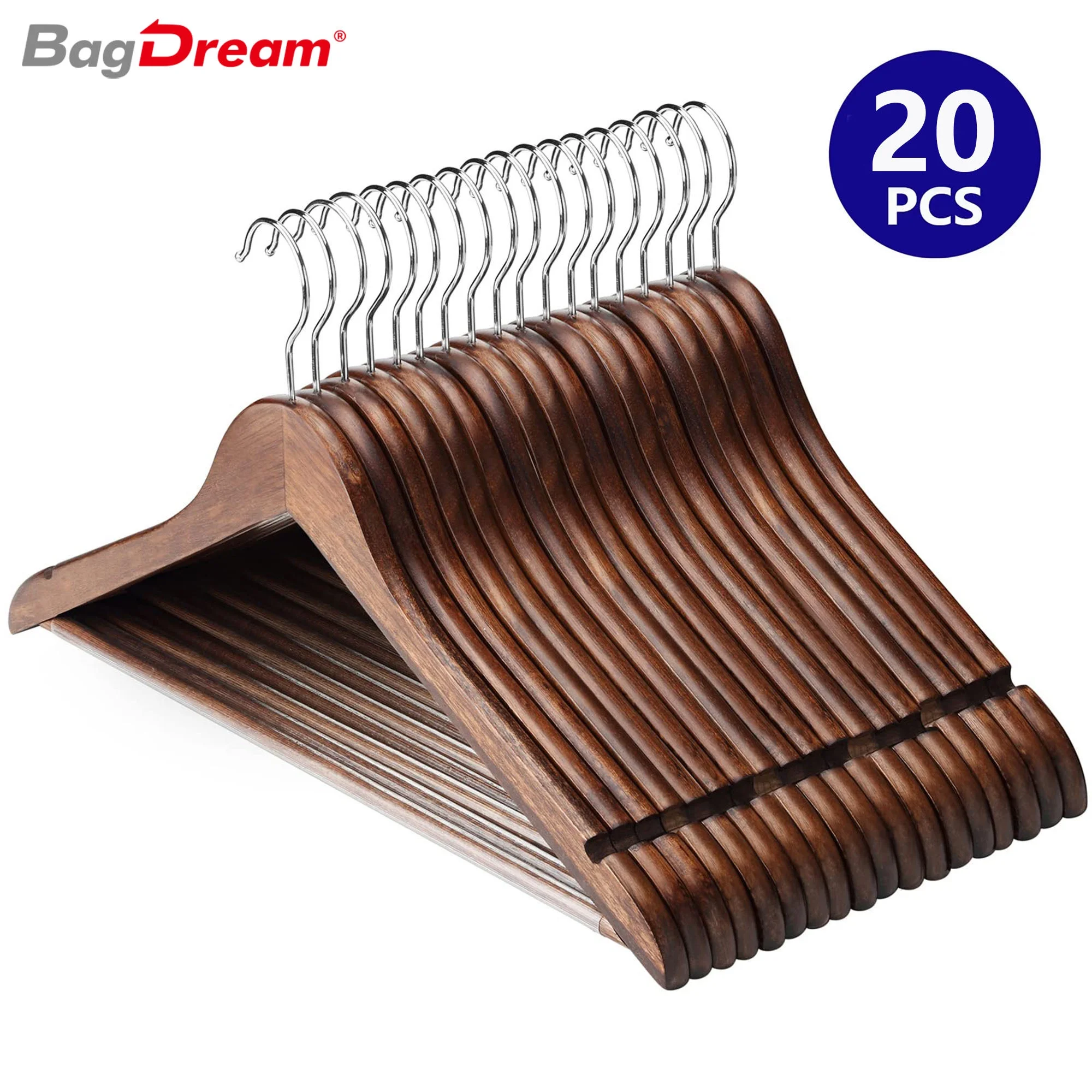 BagDream Wooden Coat Hangers 20 Pack Walnut Wood Suit Hangers Non Slip with 360°Swivel Hook Clothes Hangers for Shirts, Jackets, Dress, Pant